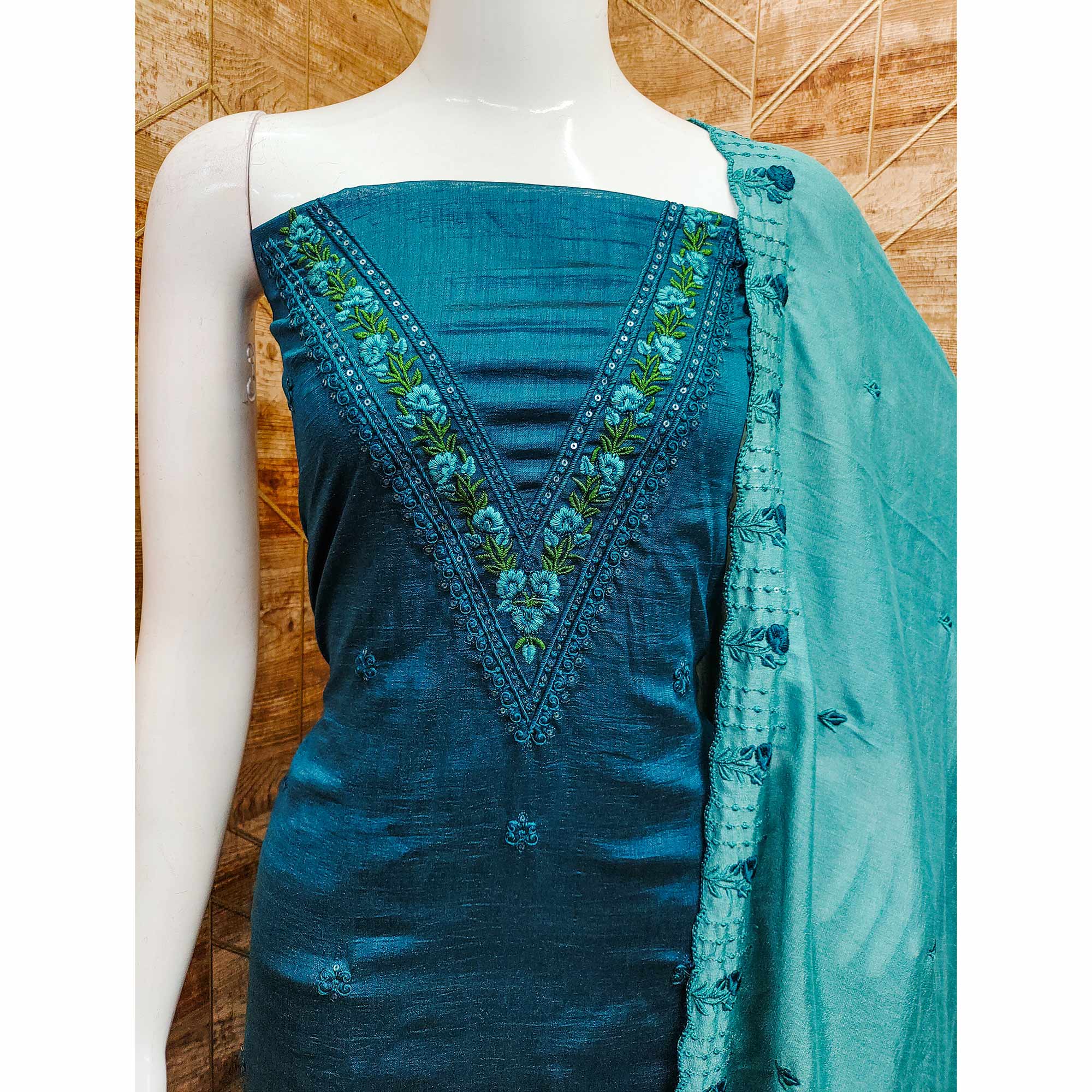Teal Blue Floral Embroidered Vichitra Silk Dress Material