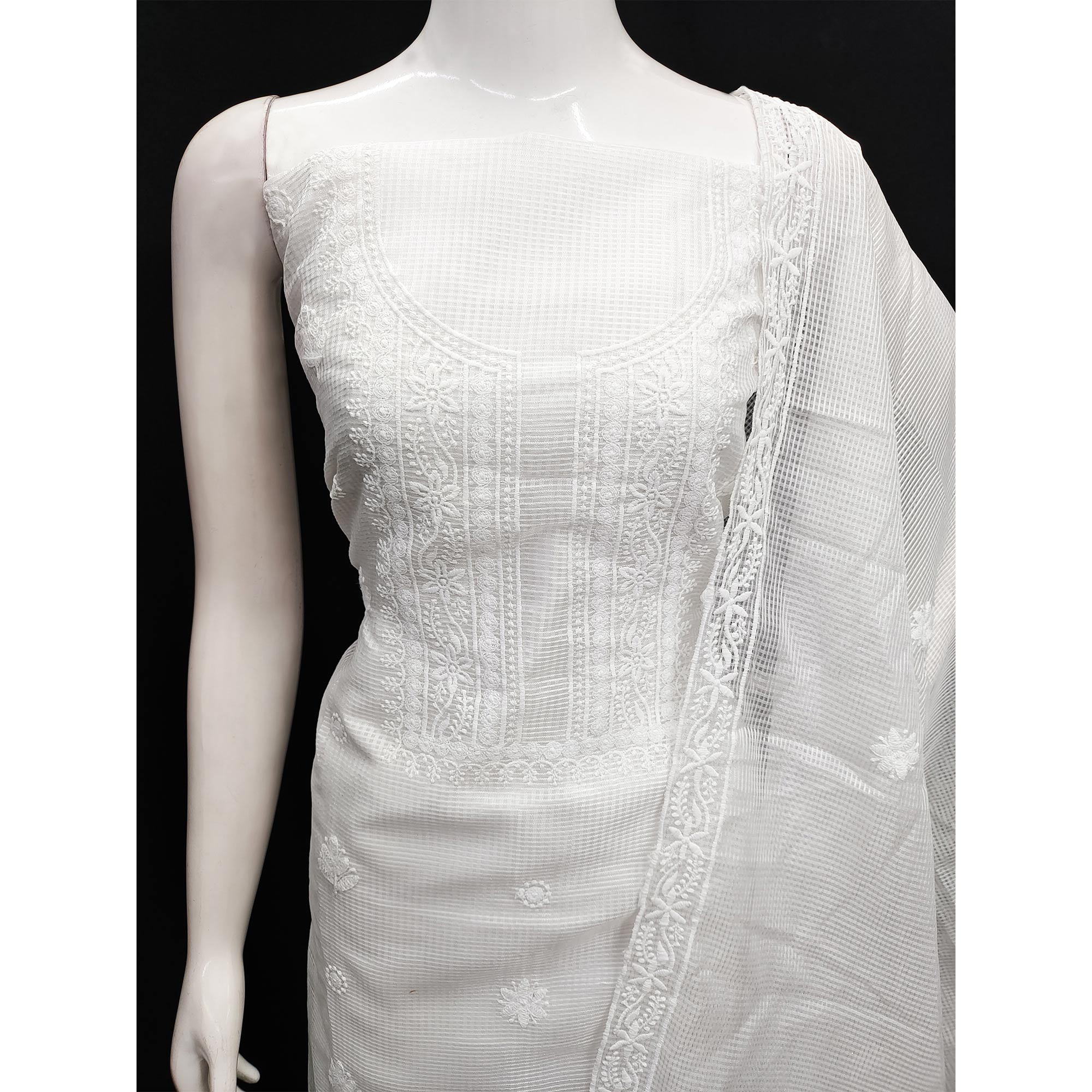 White Floral Embroidered Kota Doria Dress Material