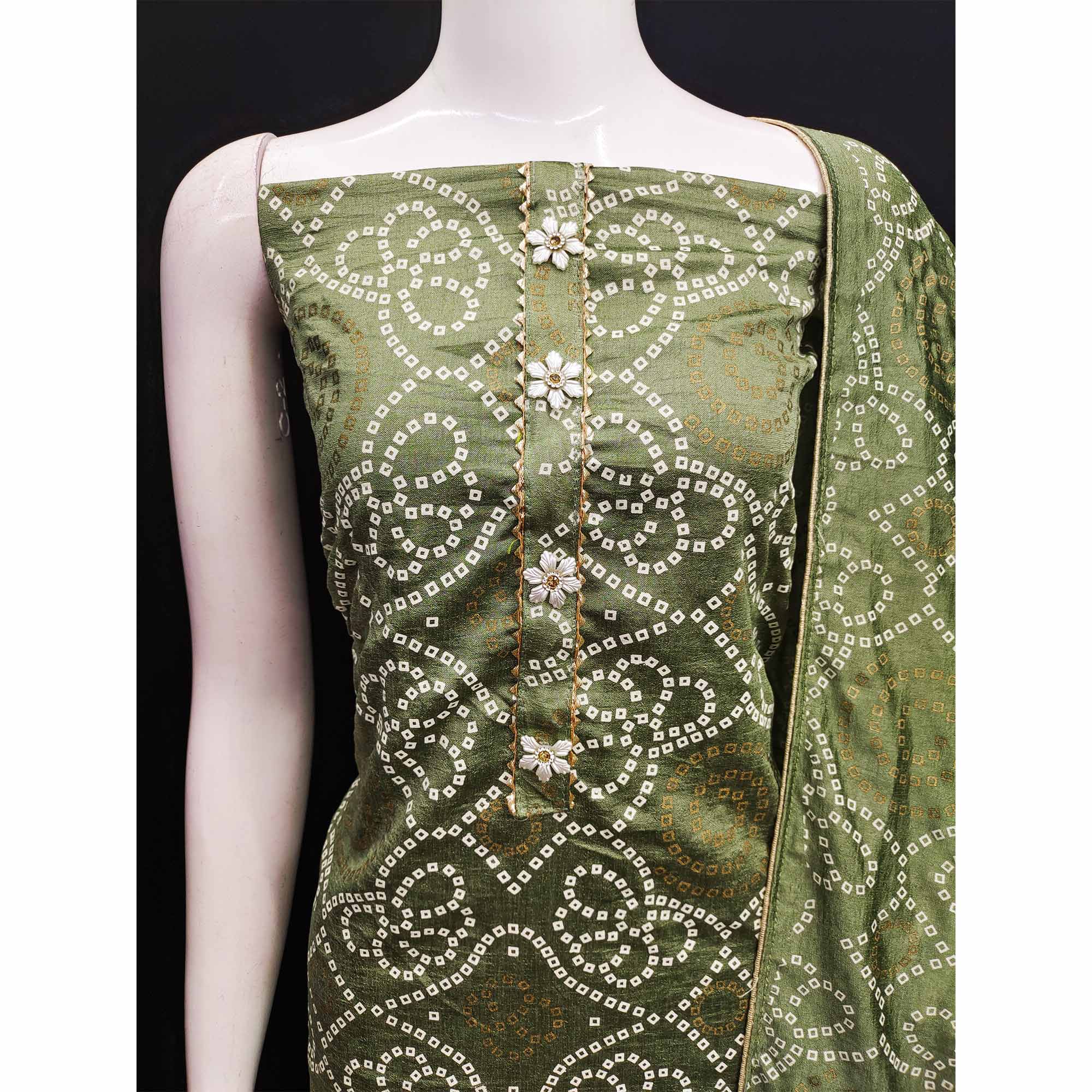 Mehandi Green Bandhani Printed Vichitra Silk Dress Material