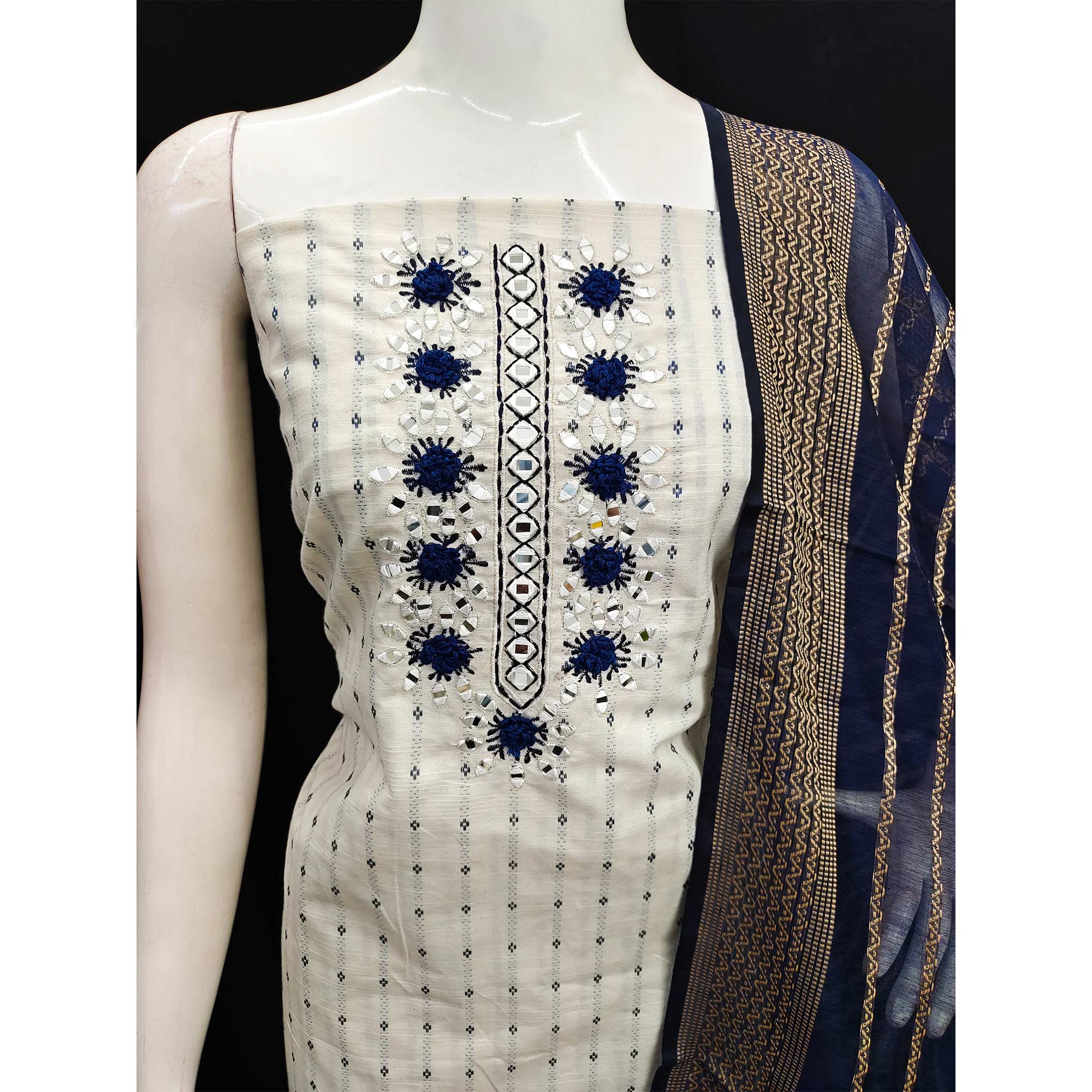 White & Blue Floral Woven Pure Cotton Dress Material