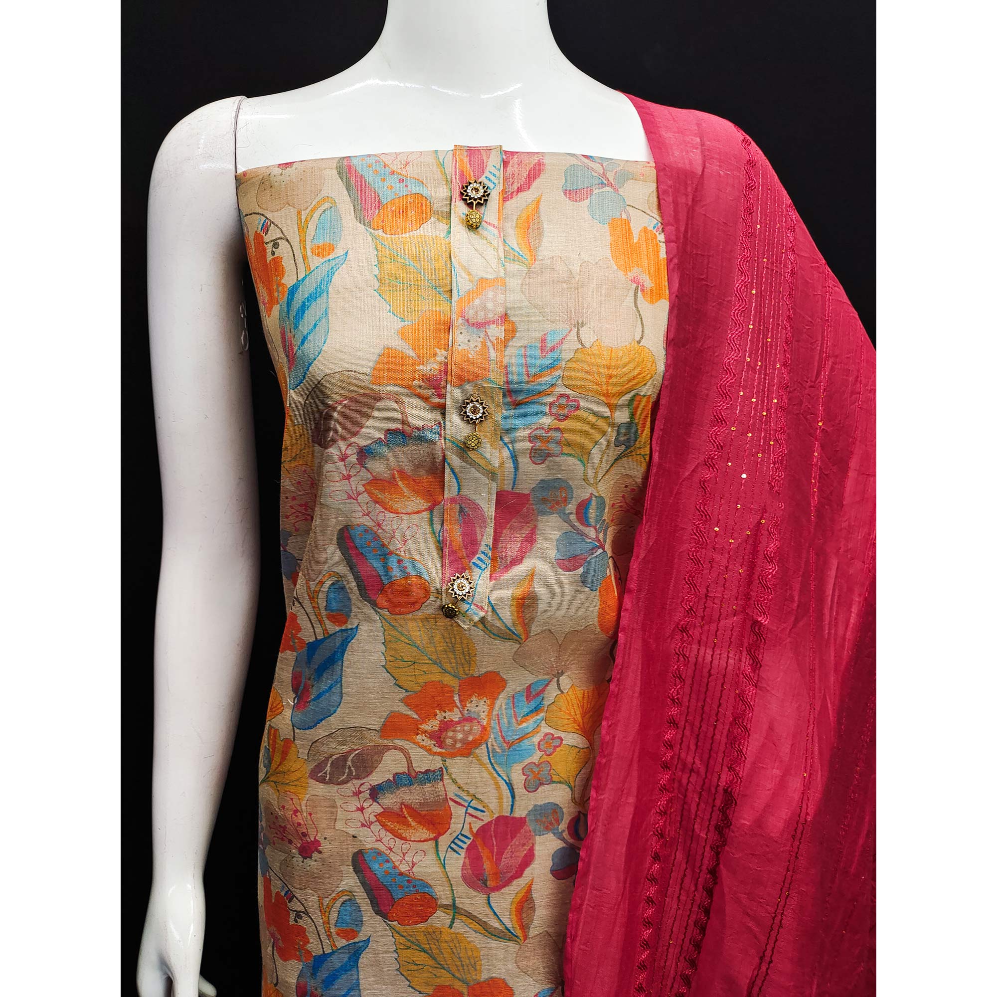 Beige Floral Printed Cotton Silk Dress Material