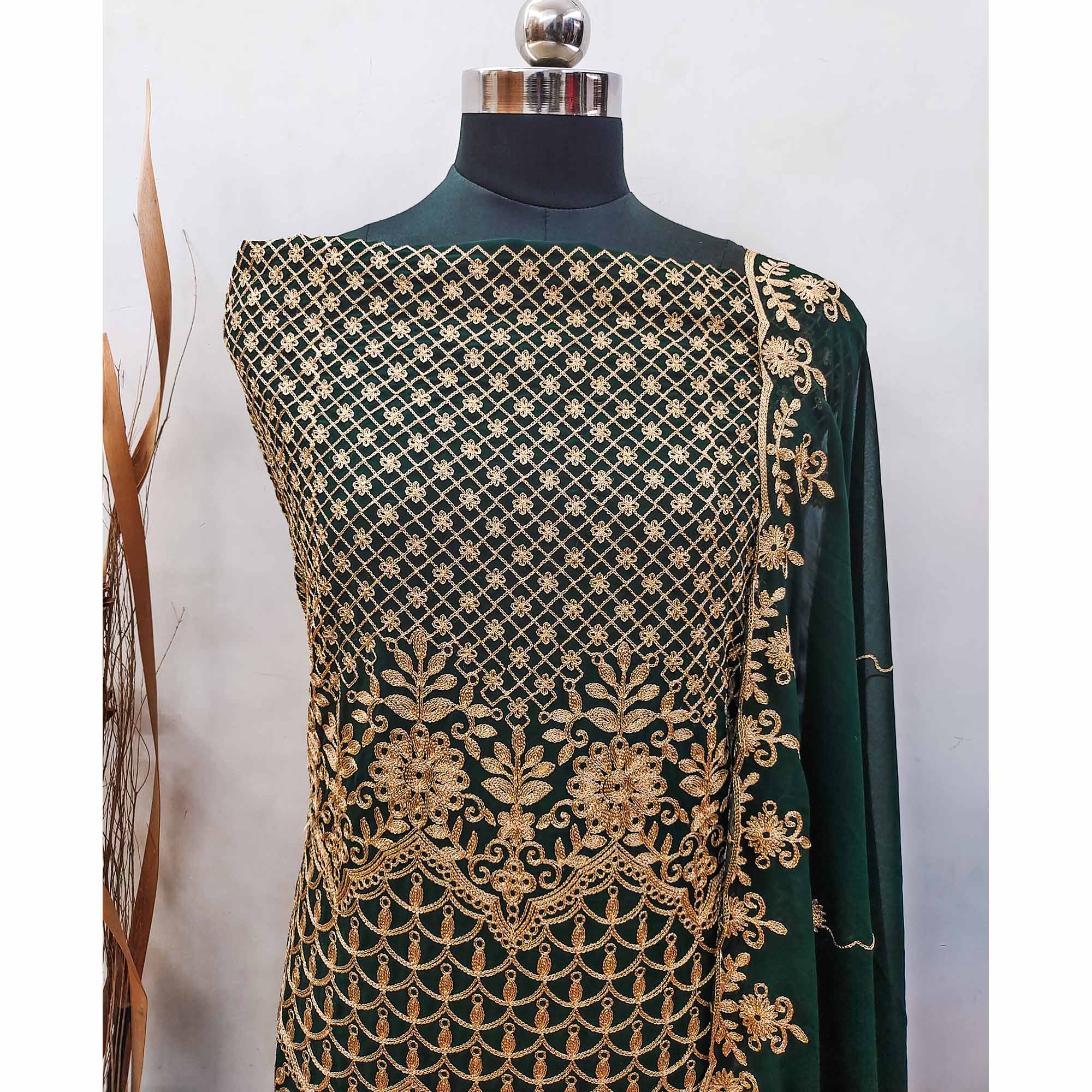Green Floral Embroidered Georgette Dress Material
