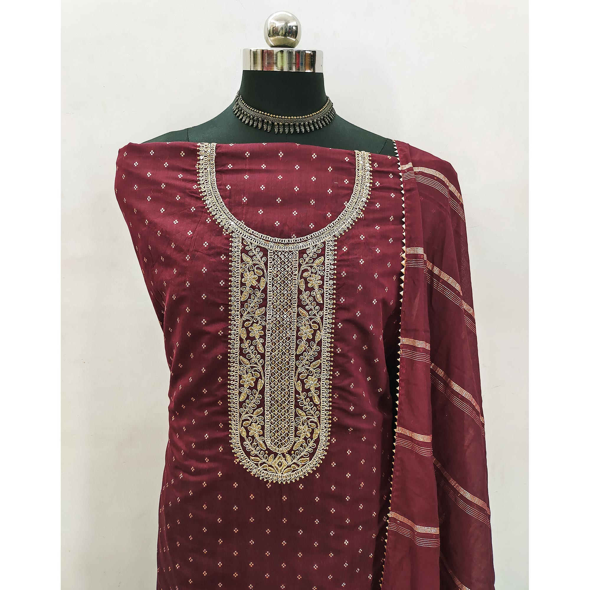 Maroon Butti With Embroidered Chanderi Silk Dress Material