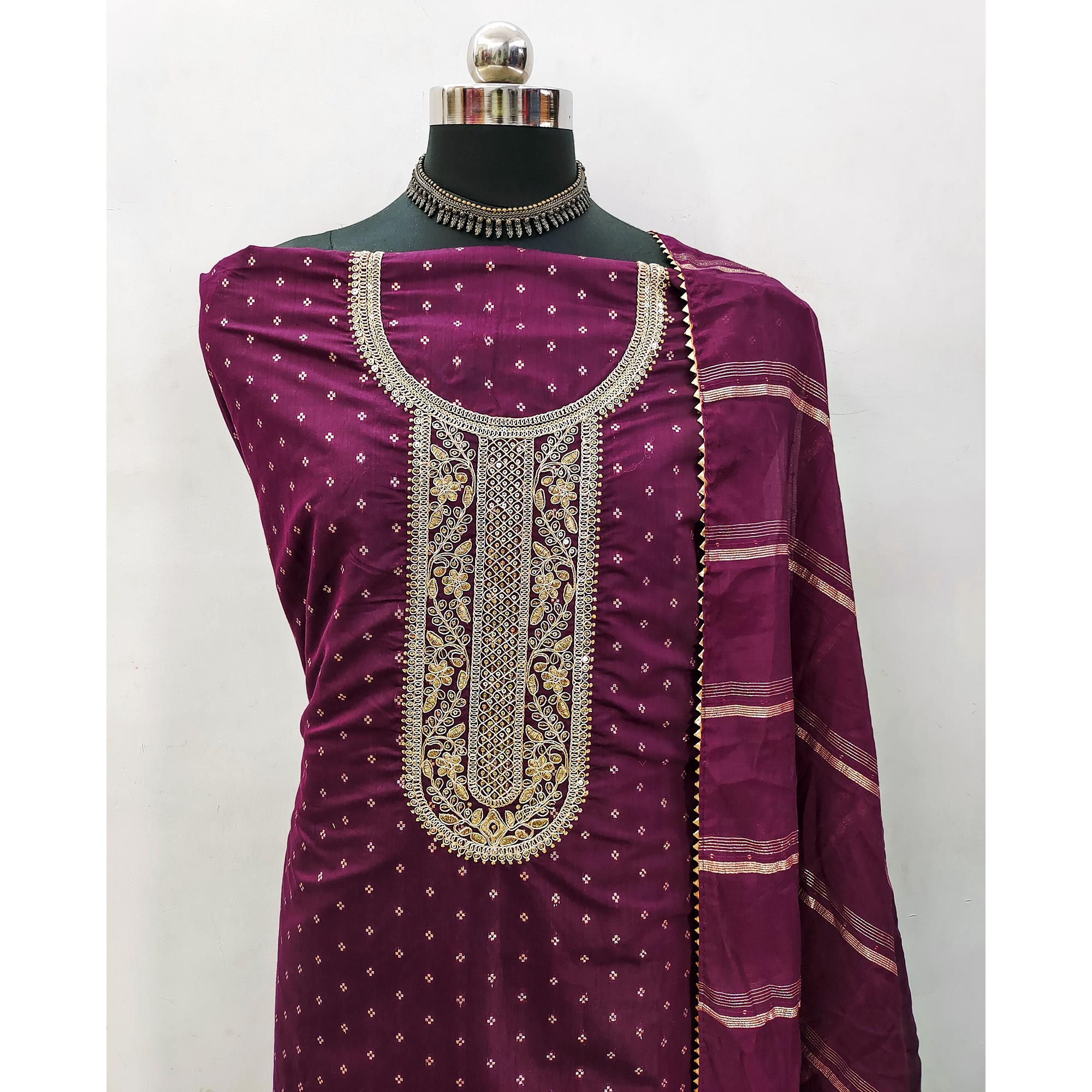 Purple Butti With Embroidered Chanderi Silk Dress Material