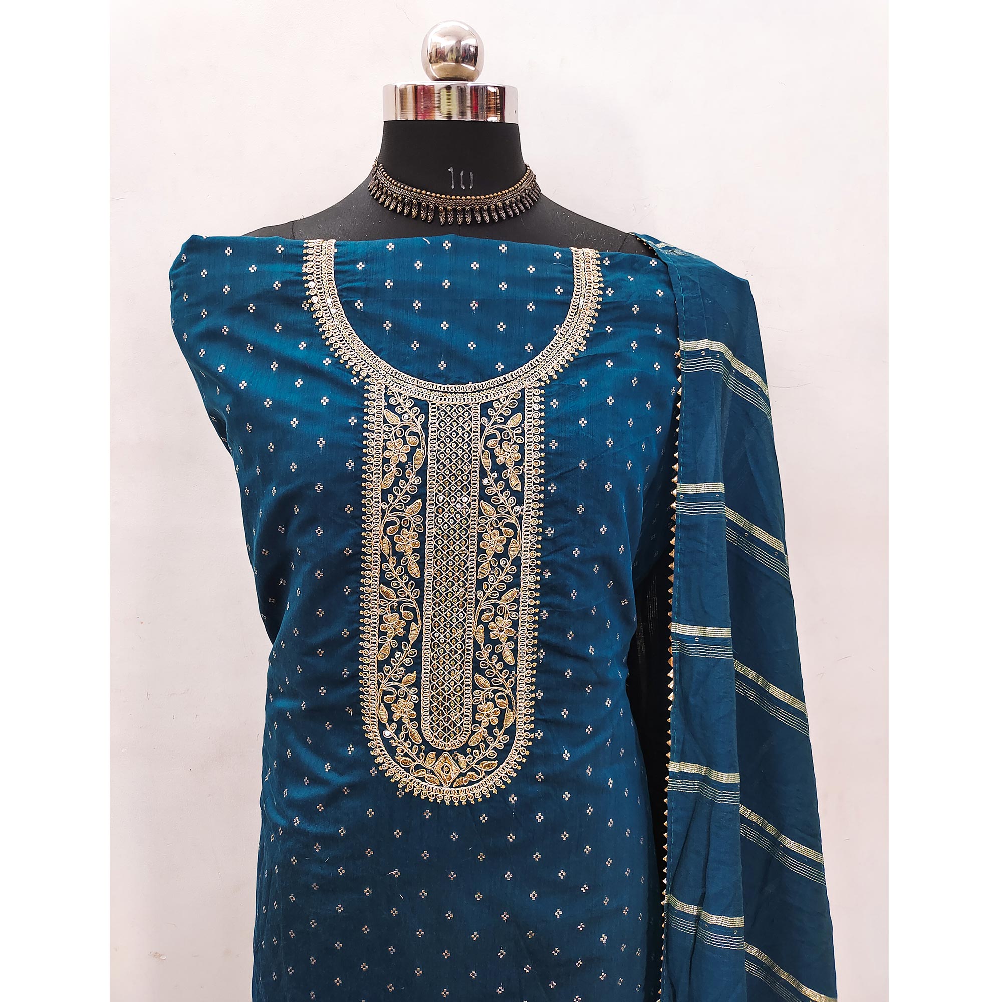Teal Butti With Embroidered Chanderi Silk Dress Material