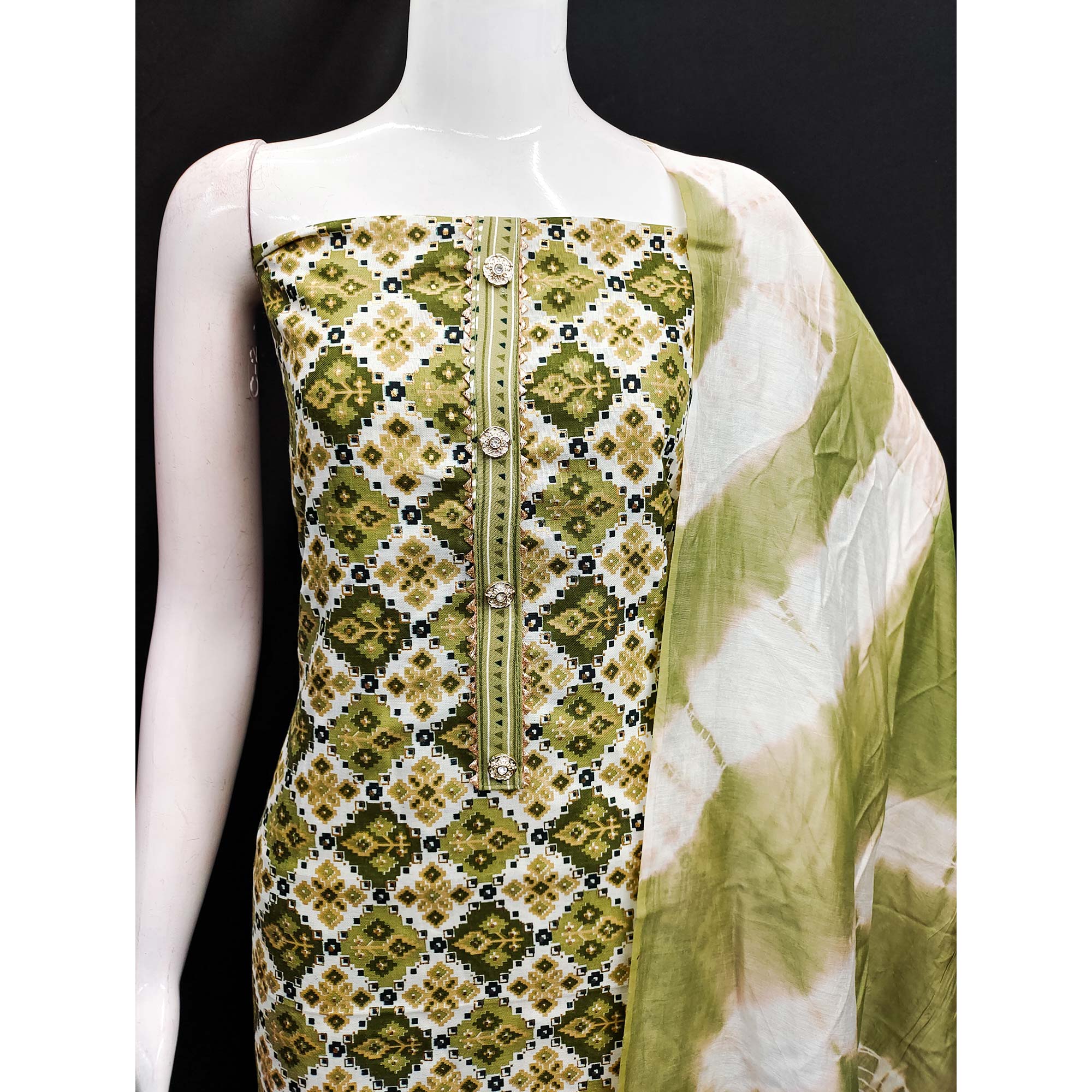 Green Foil Printed Cotton Blend Dress Material