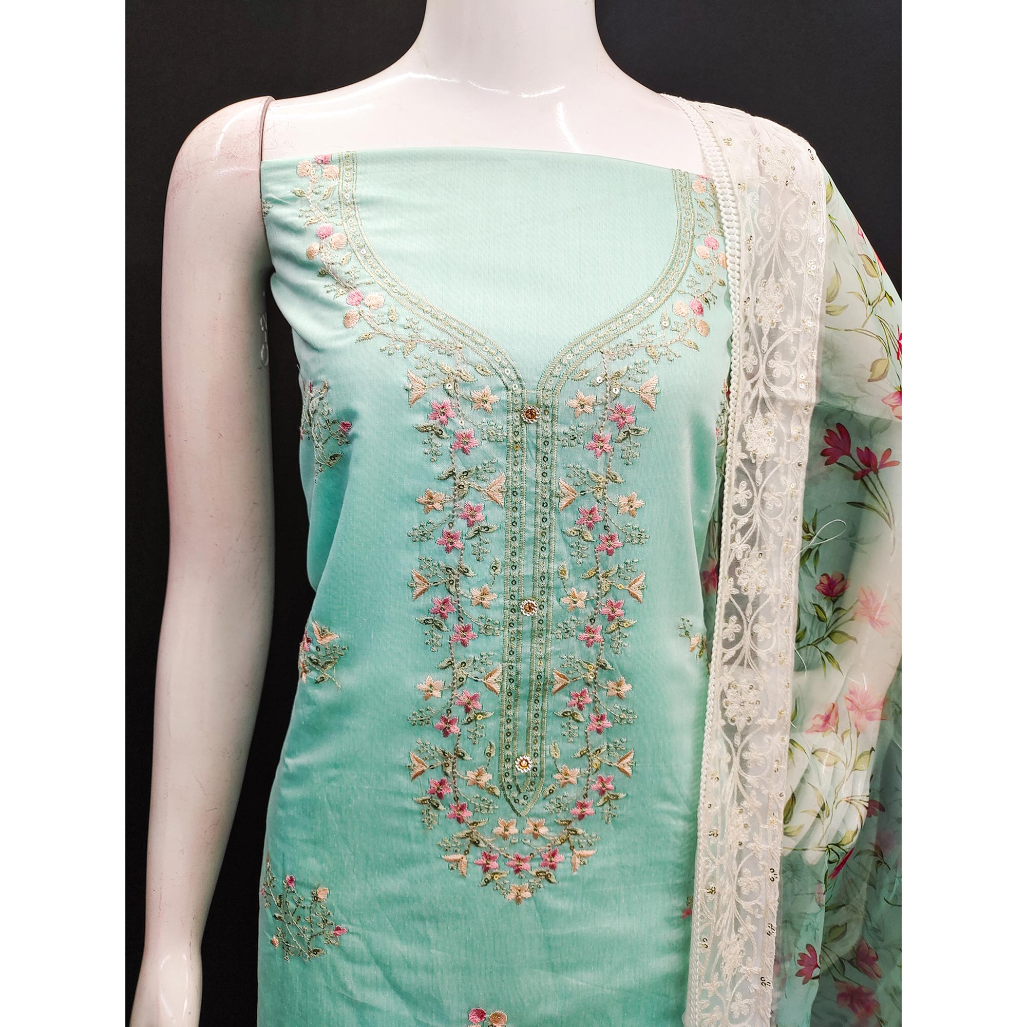 Turquoise Floral Embroidered Chanderi Silk Dress Material