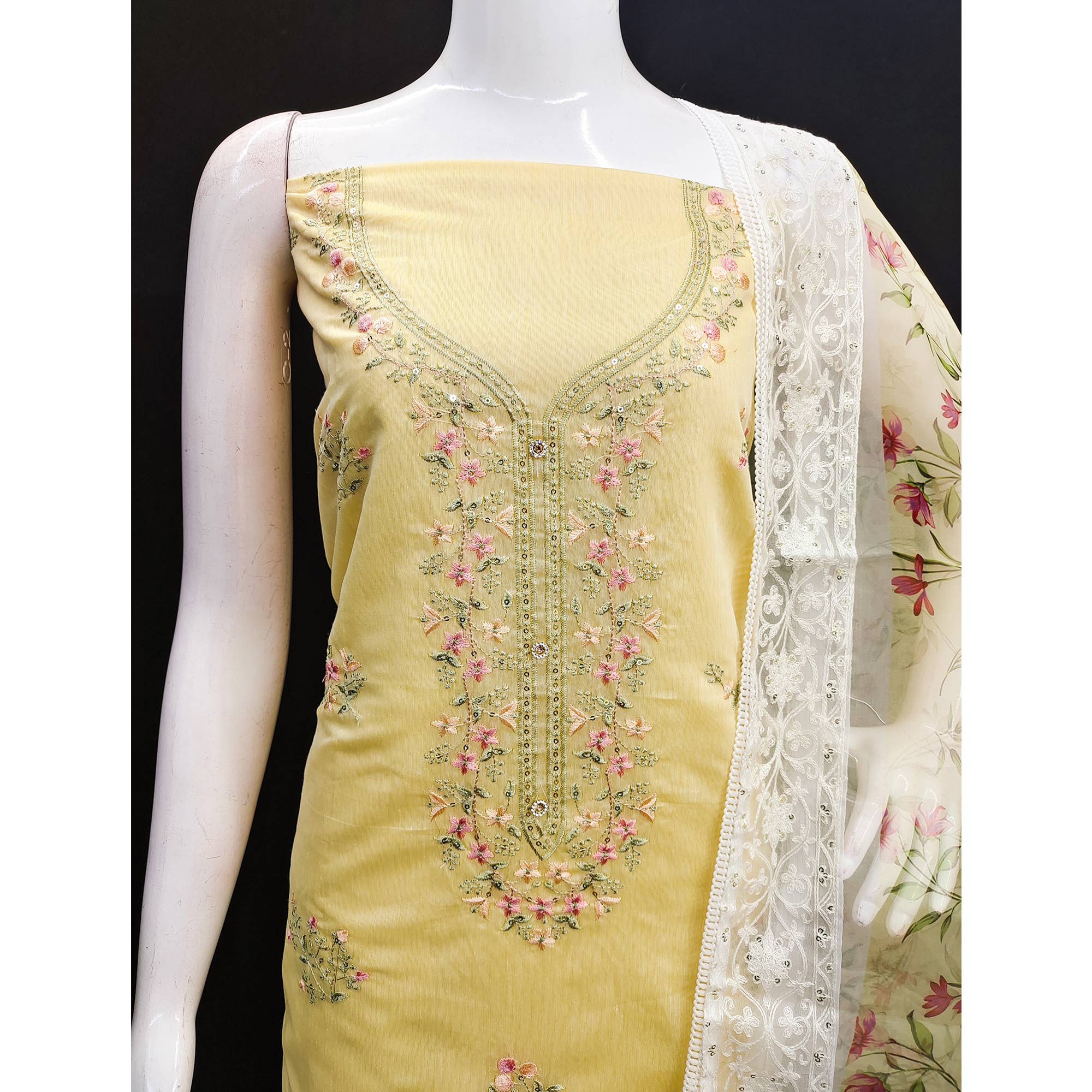 Yellow Floral Embroidered Chanderi Silk Dress Material