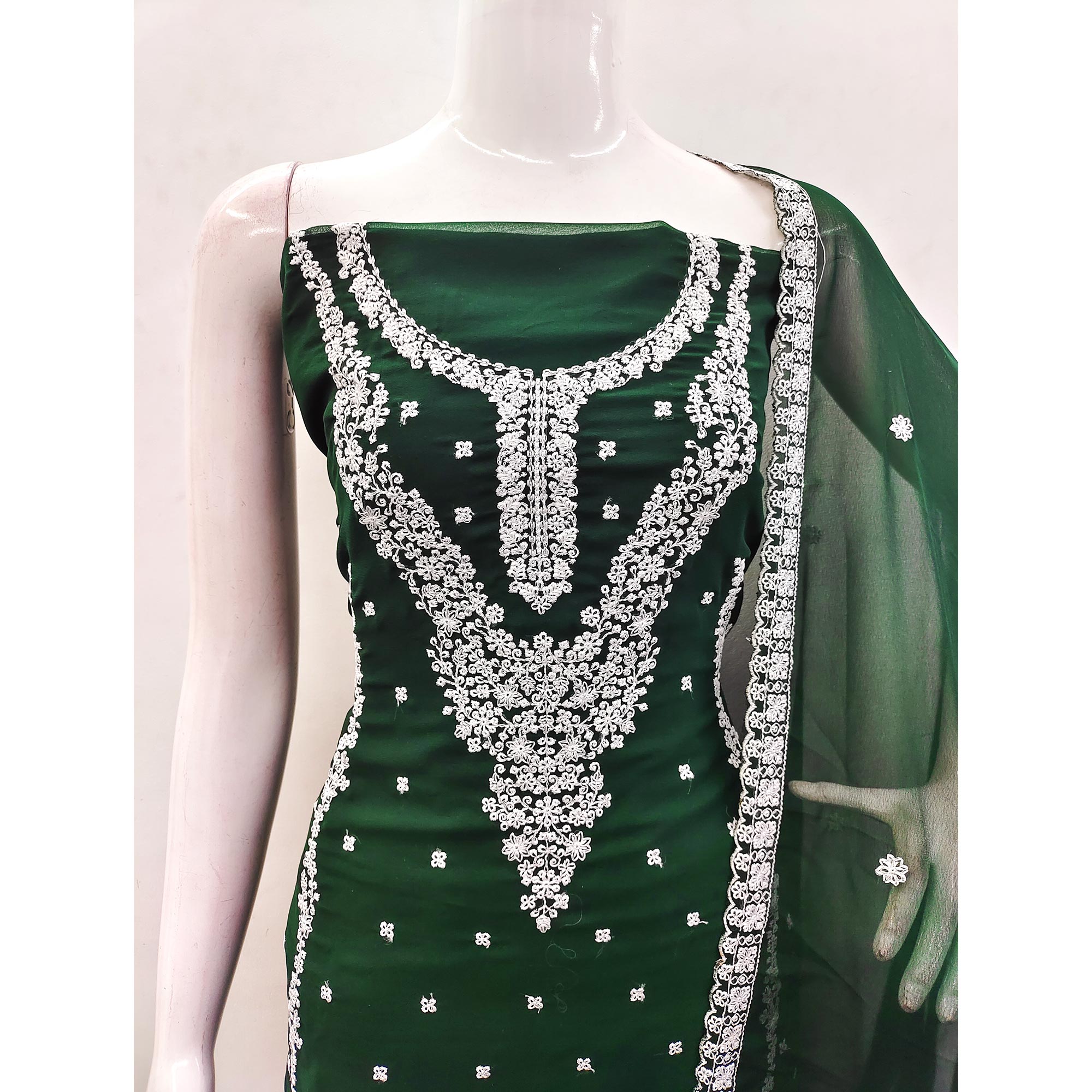 Green Floral Embroidered Georgette Dress Material