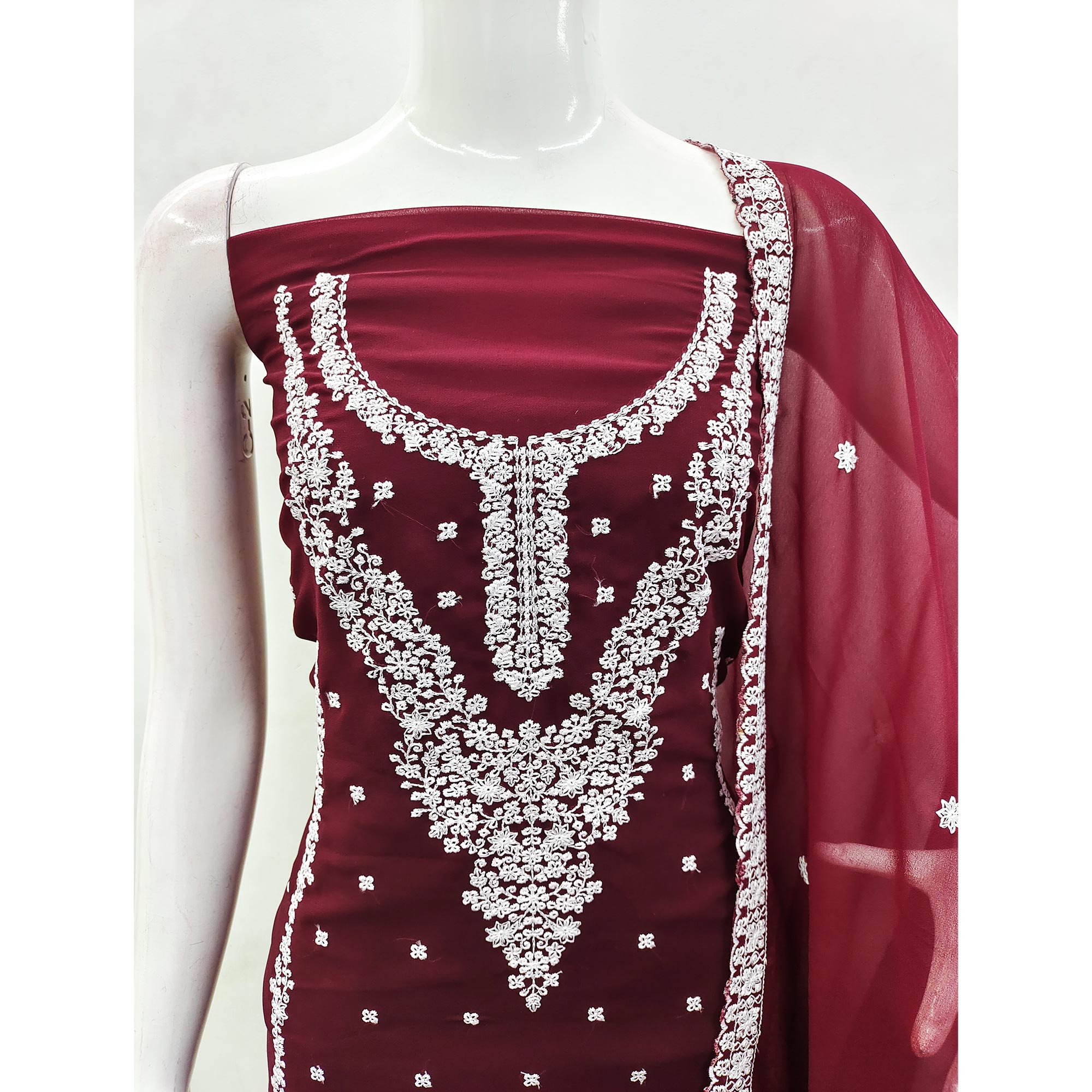 Maroon Floral Embroidered Georgette Dress Material