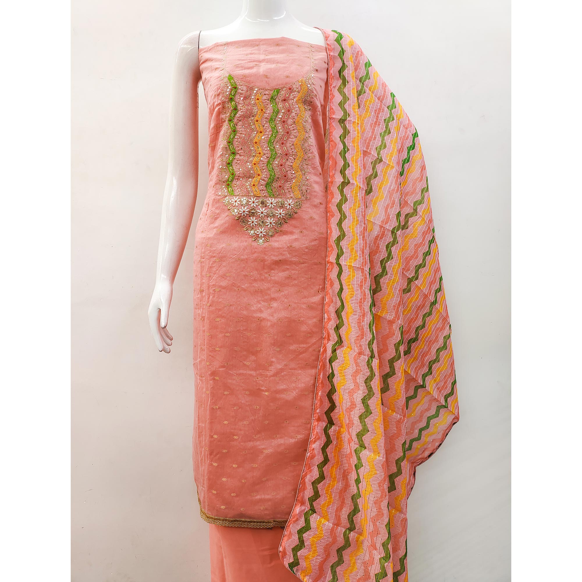 Peach Woven Chanderi Dress Material