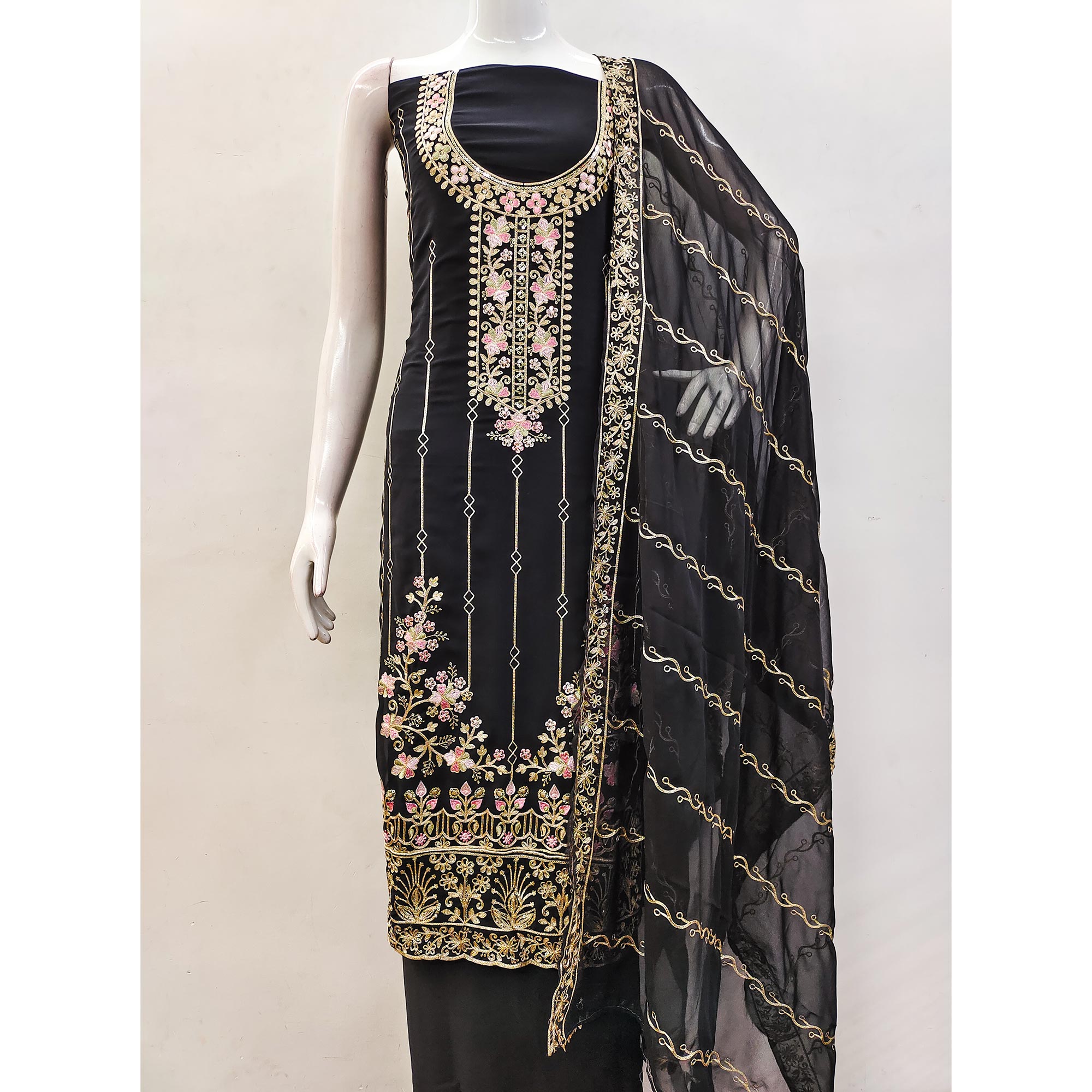 Black Embroidered Georgette Dress Material