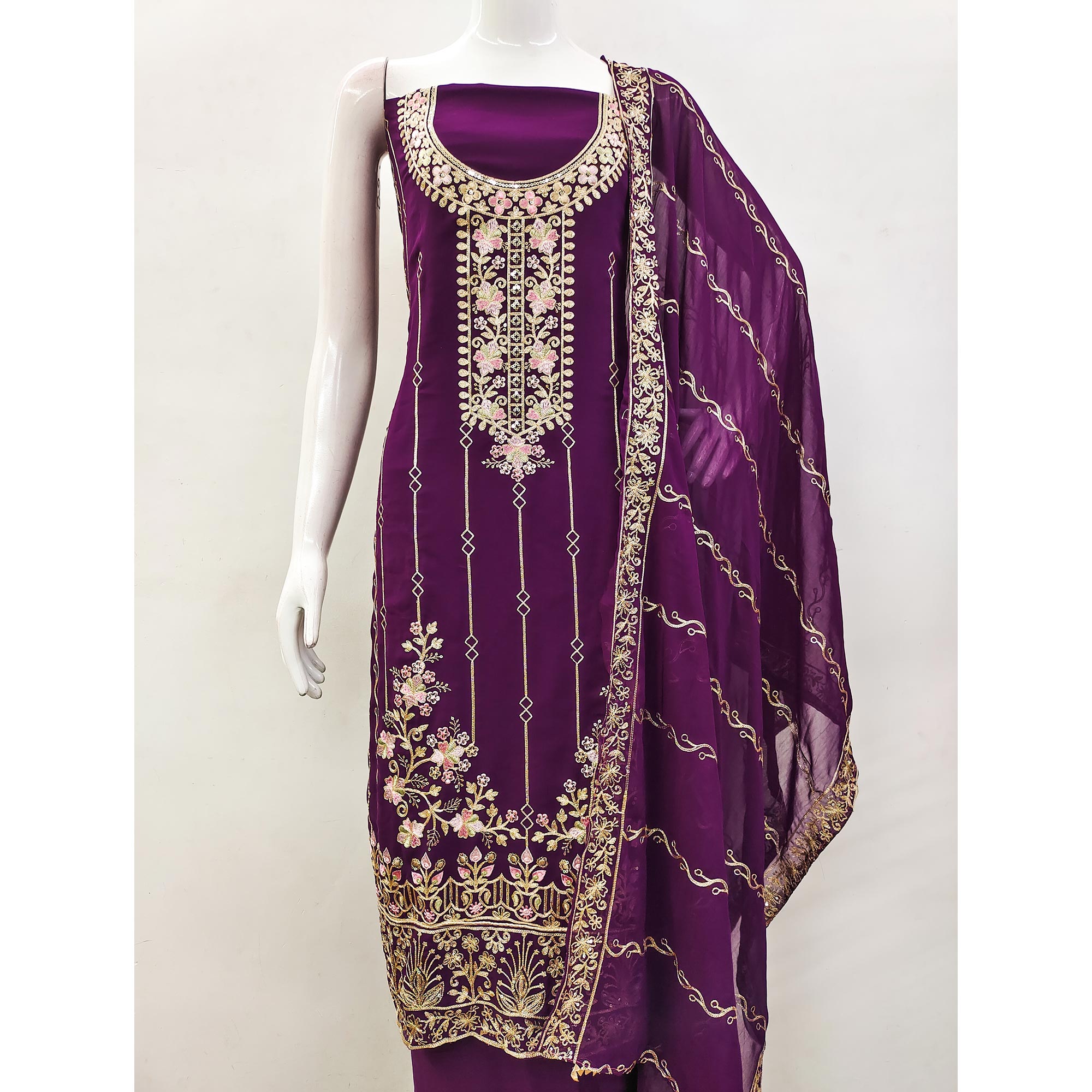 Purple Embroidered Georgette Dress Material