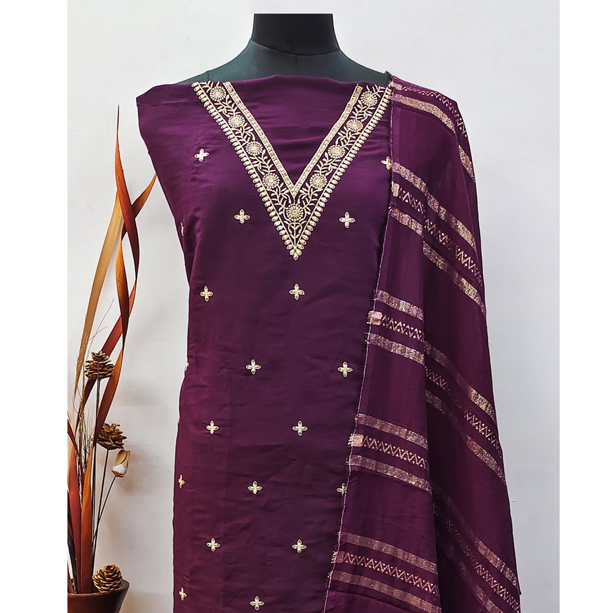 Purple Floral Embroidered Viscose Dress Material