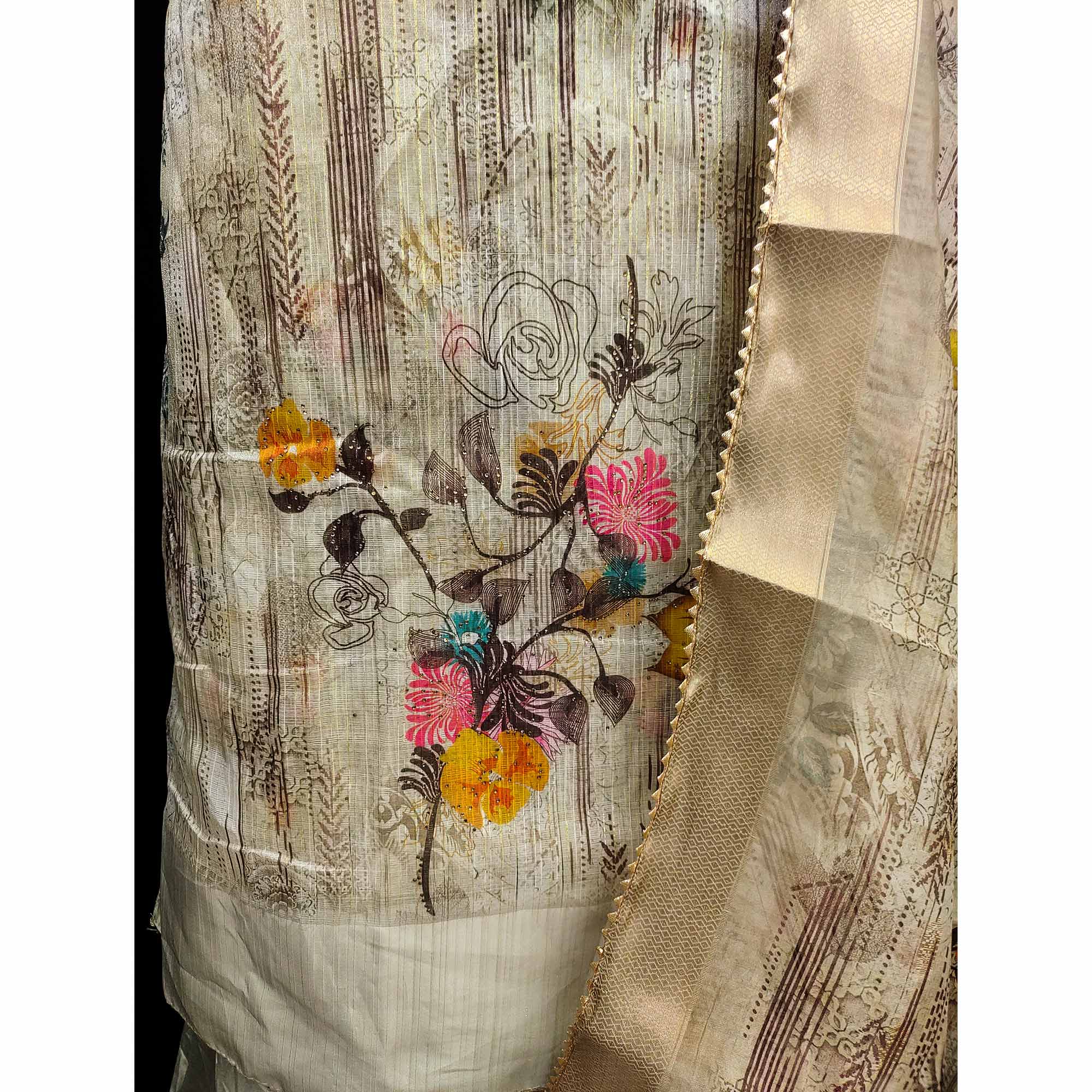 Grey Floral Printed With Swarovski Work Organza Dress Material