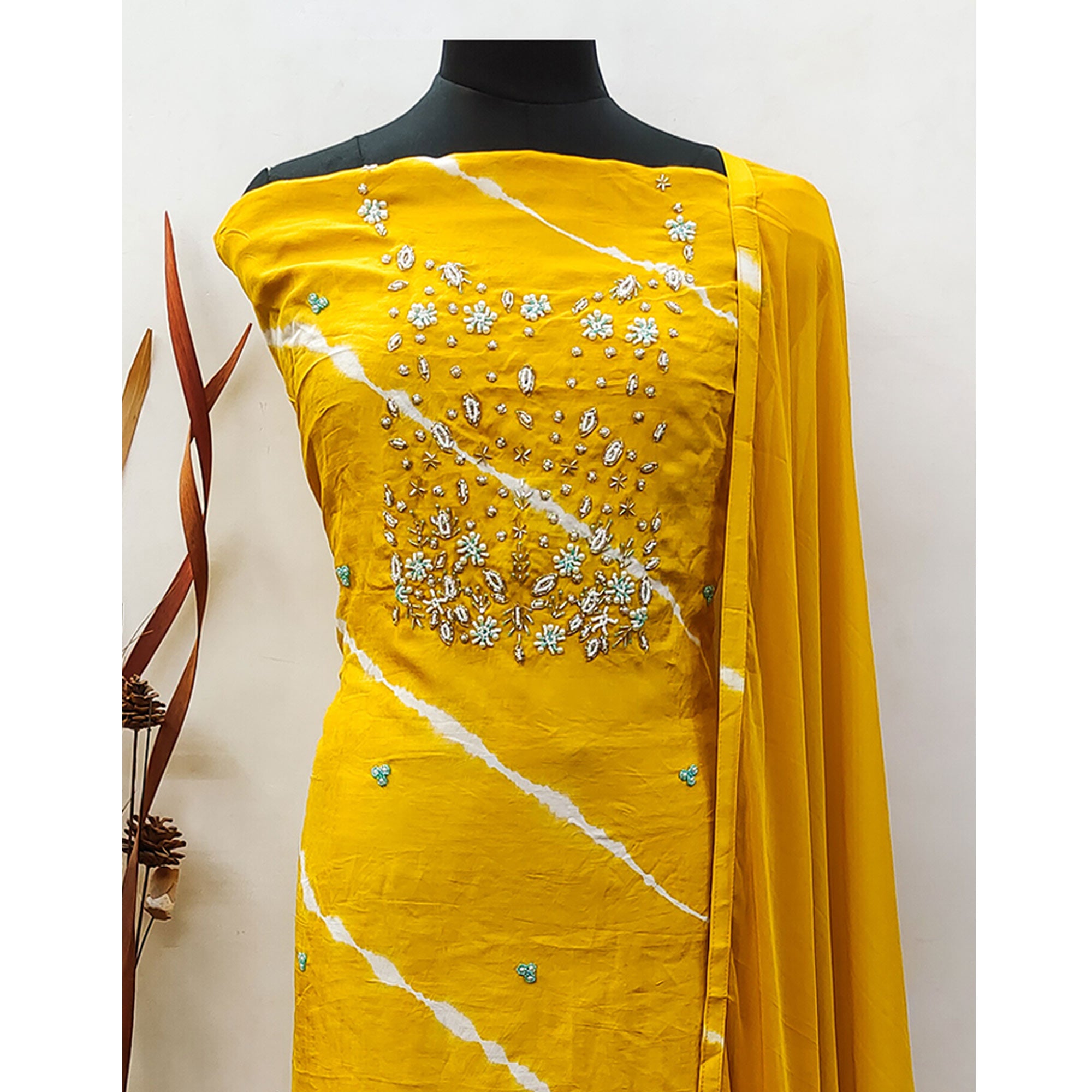 Yellow Handwork Embroidery With Leheriya Printed Viscose Dress Material