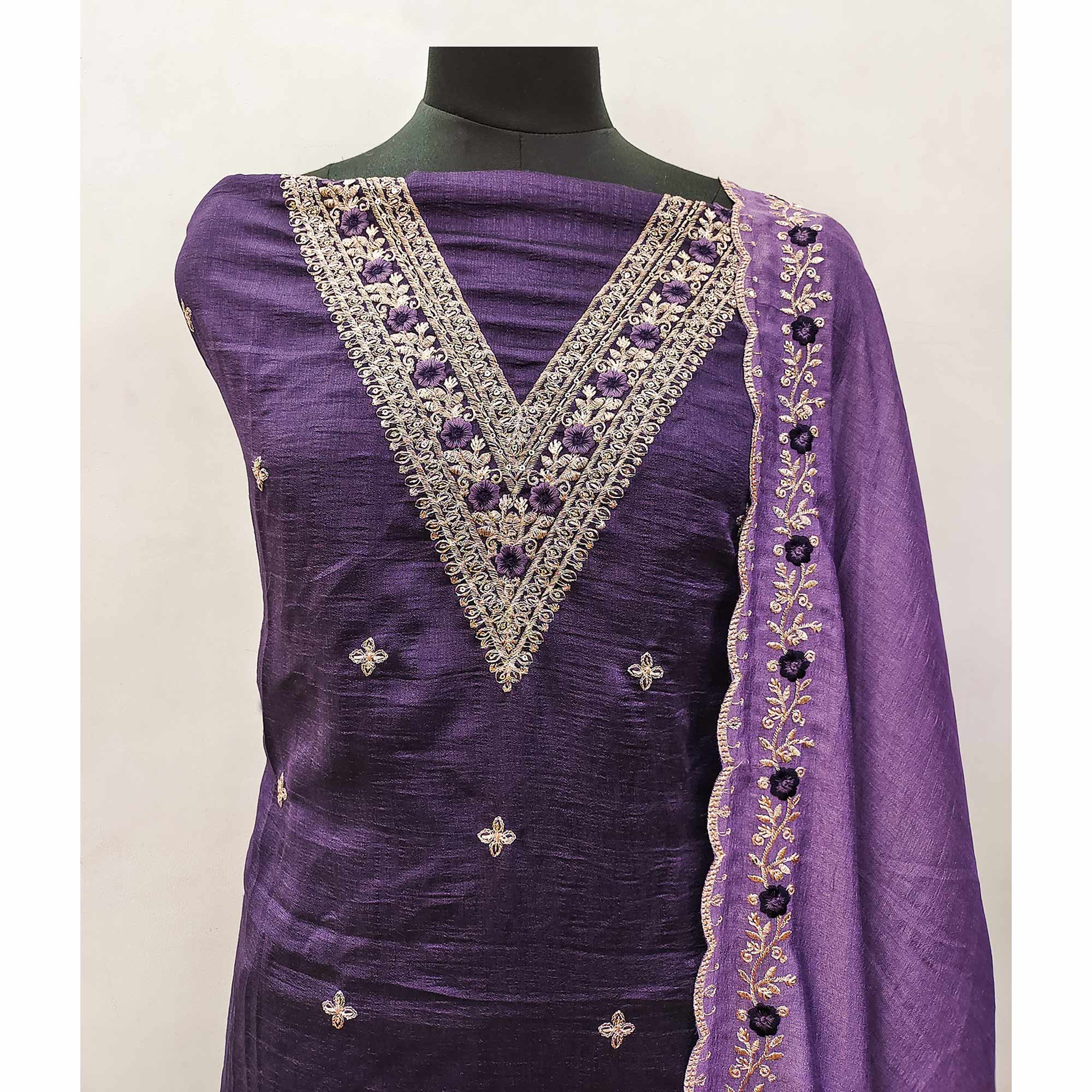 Purple Floral Embroidered Vichitra Silk Dress Material