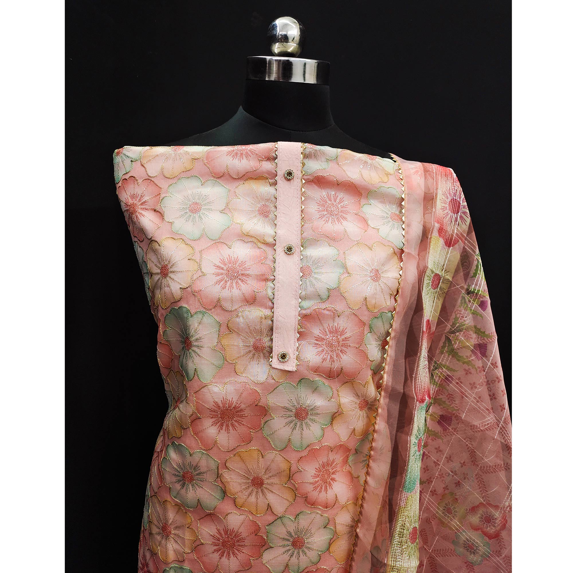 Peach Floral Printed Organza Dress Material