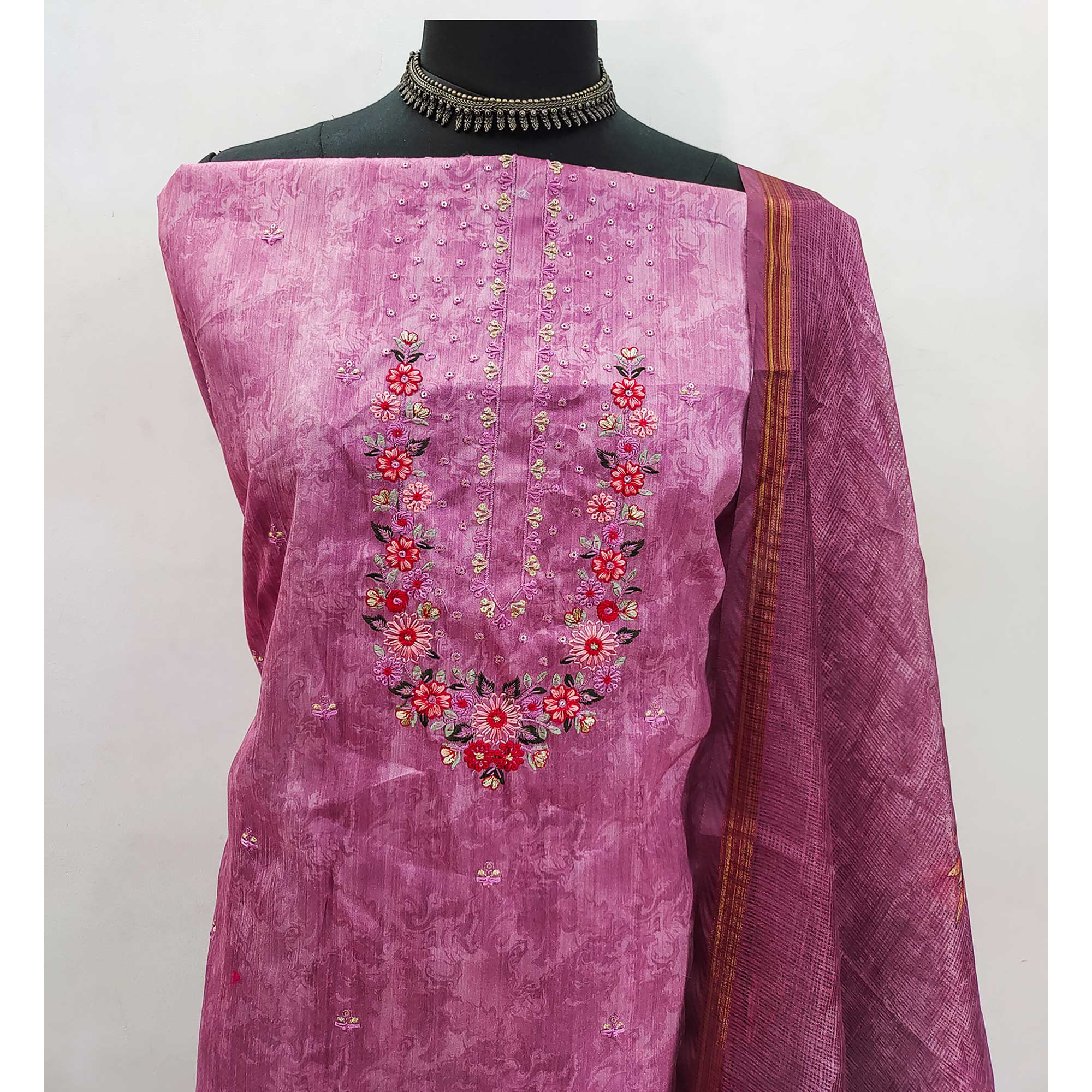 Pink Embroidered Art Silk Dress Material