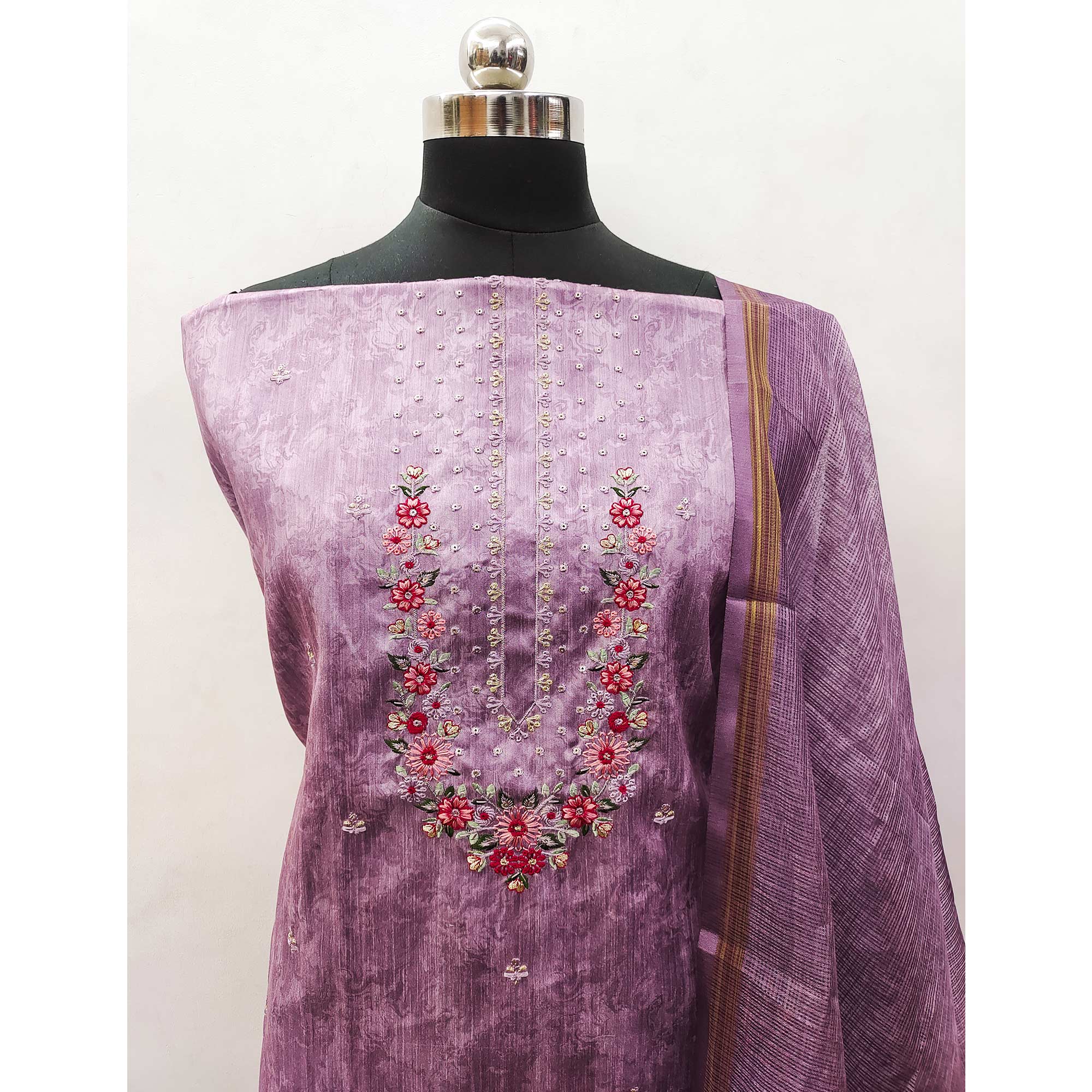 Purple Embroidered Art Silk Dress Material