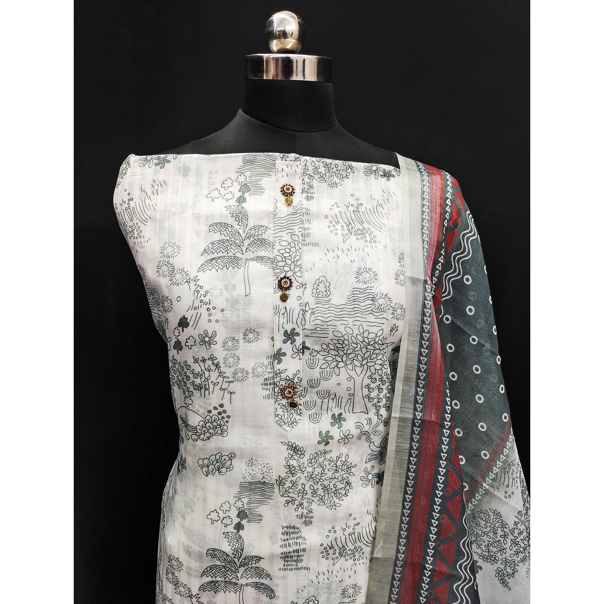 White & Grey Printed Linen Dress Material