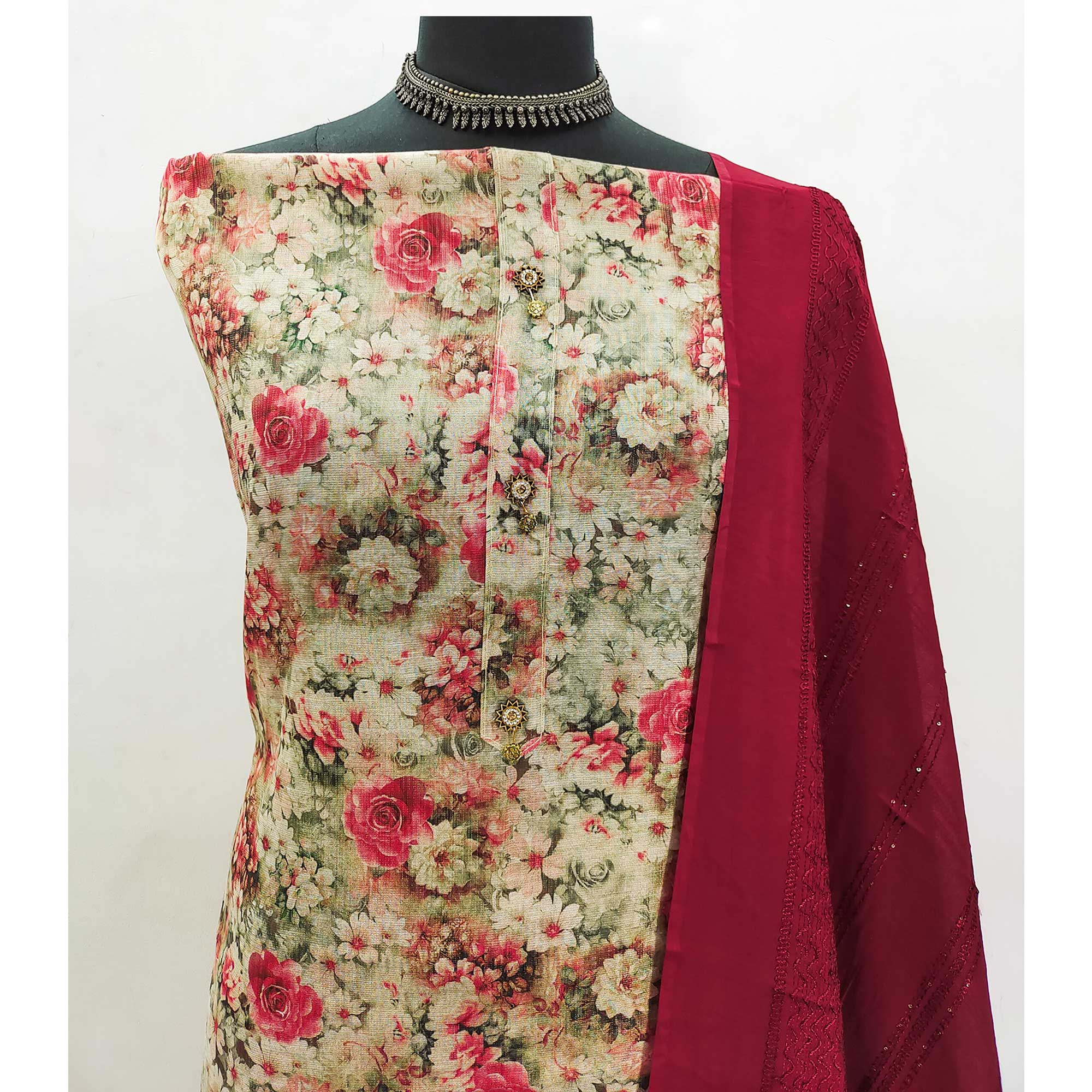 Beige Floral Printed Cotton Silk Dress Material