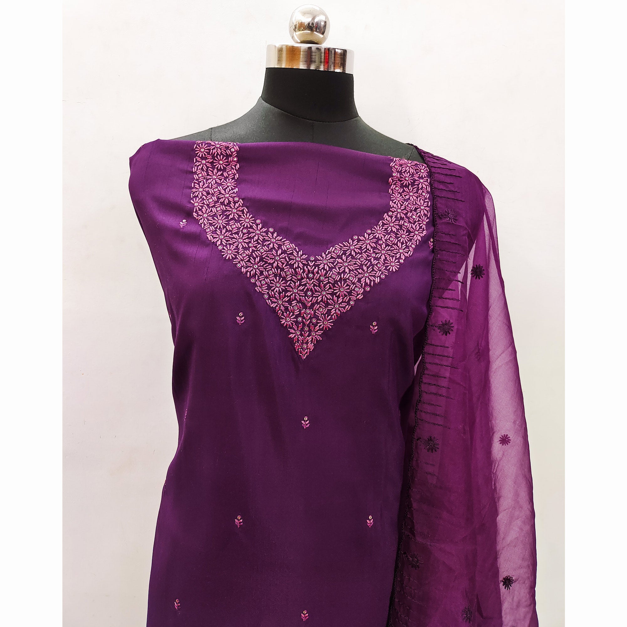 Purple Sequins Embroidered Art Silk Dress Material