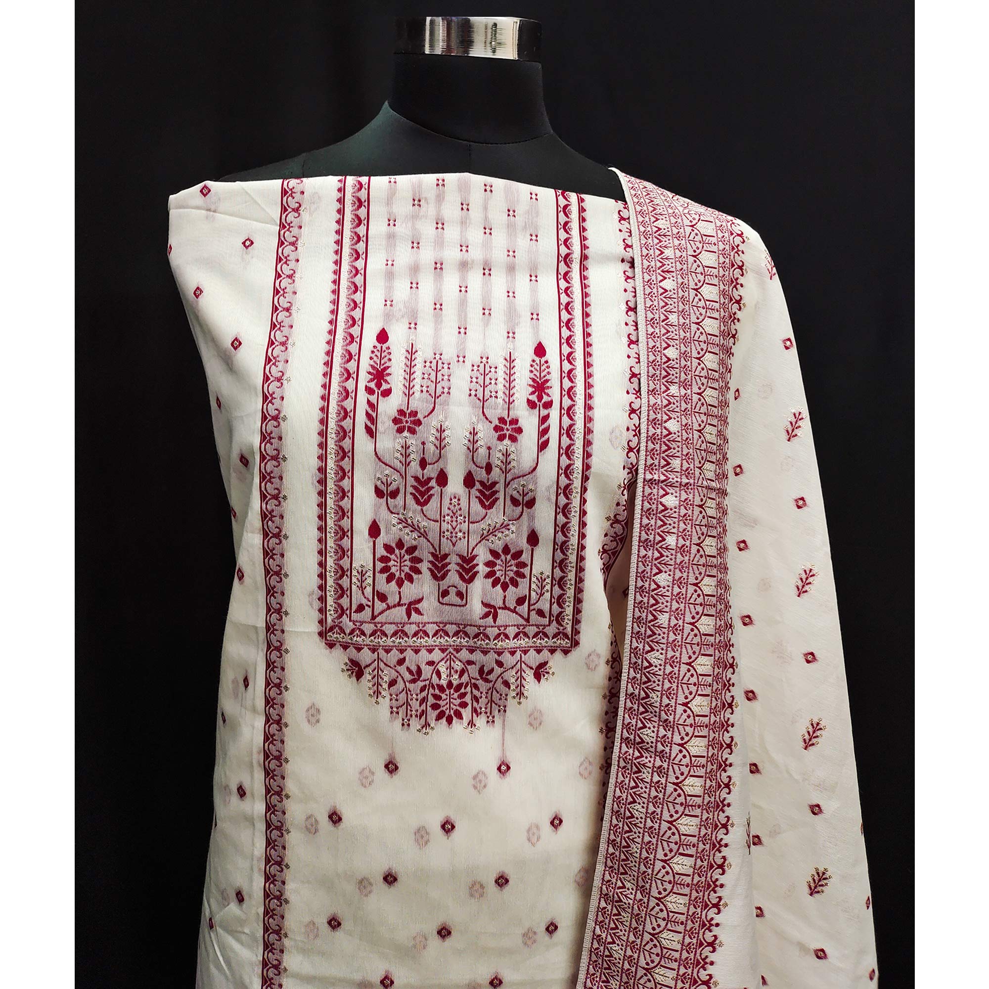 Off White & Maroon Woven Pure Cotton Dress Material