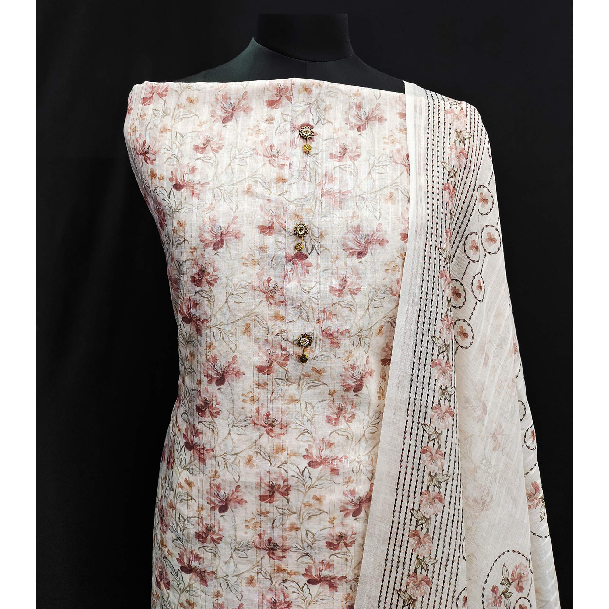 Cream Floral Printed Linen Dress Material