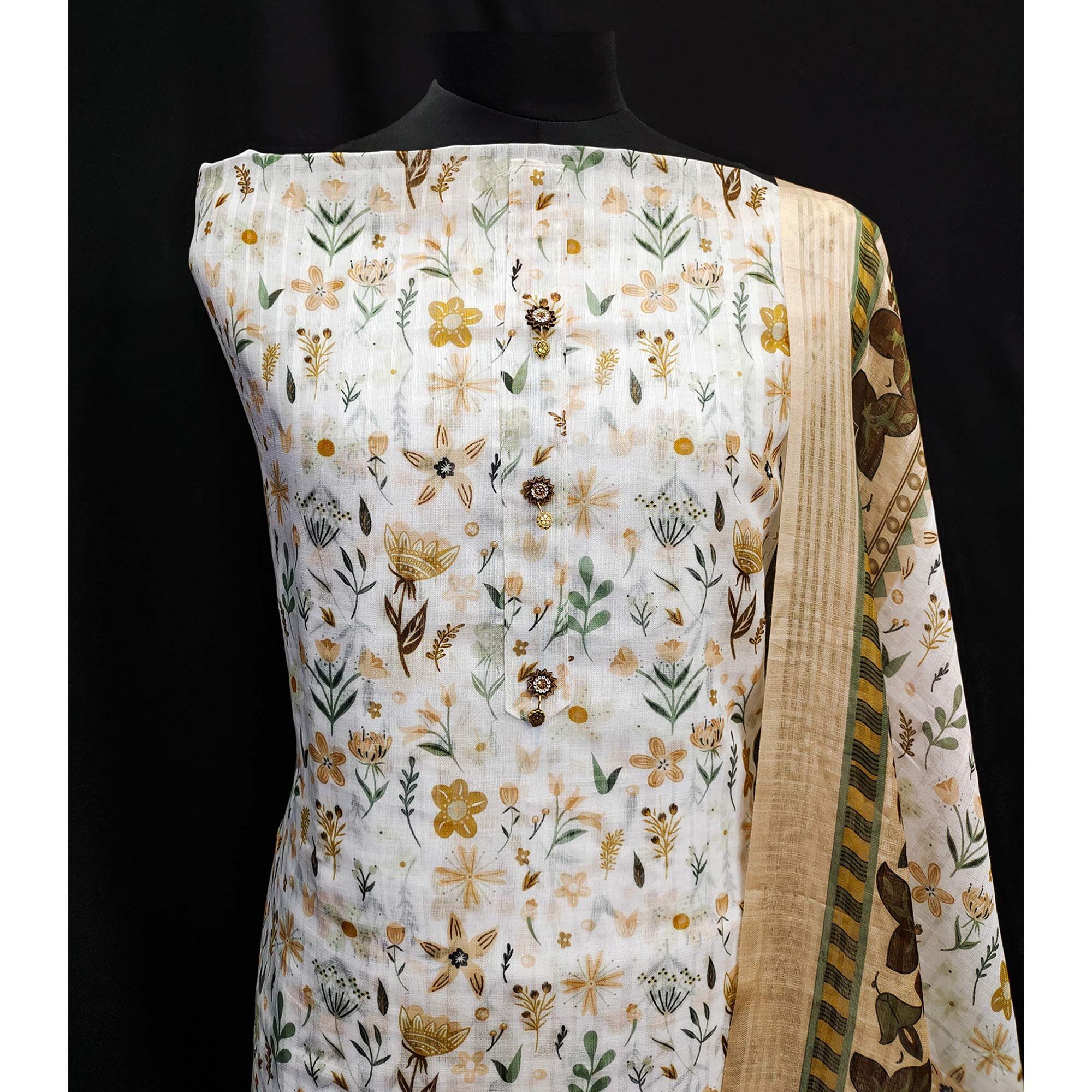 White Floral Printed Pure Cotton Dress Material