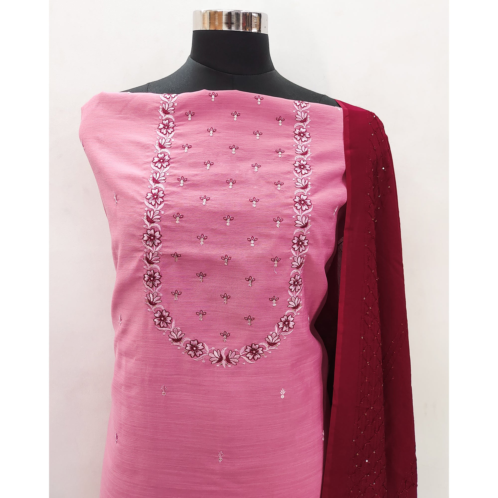 Pink Embroidered viscose Dress Material