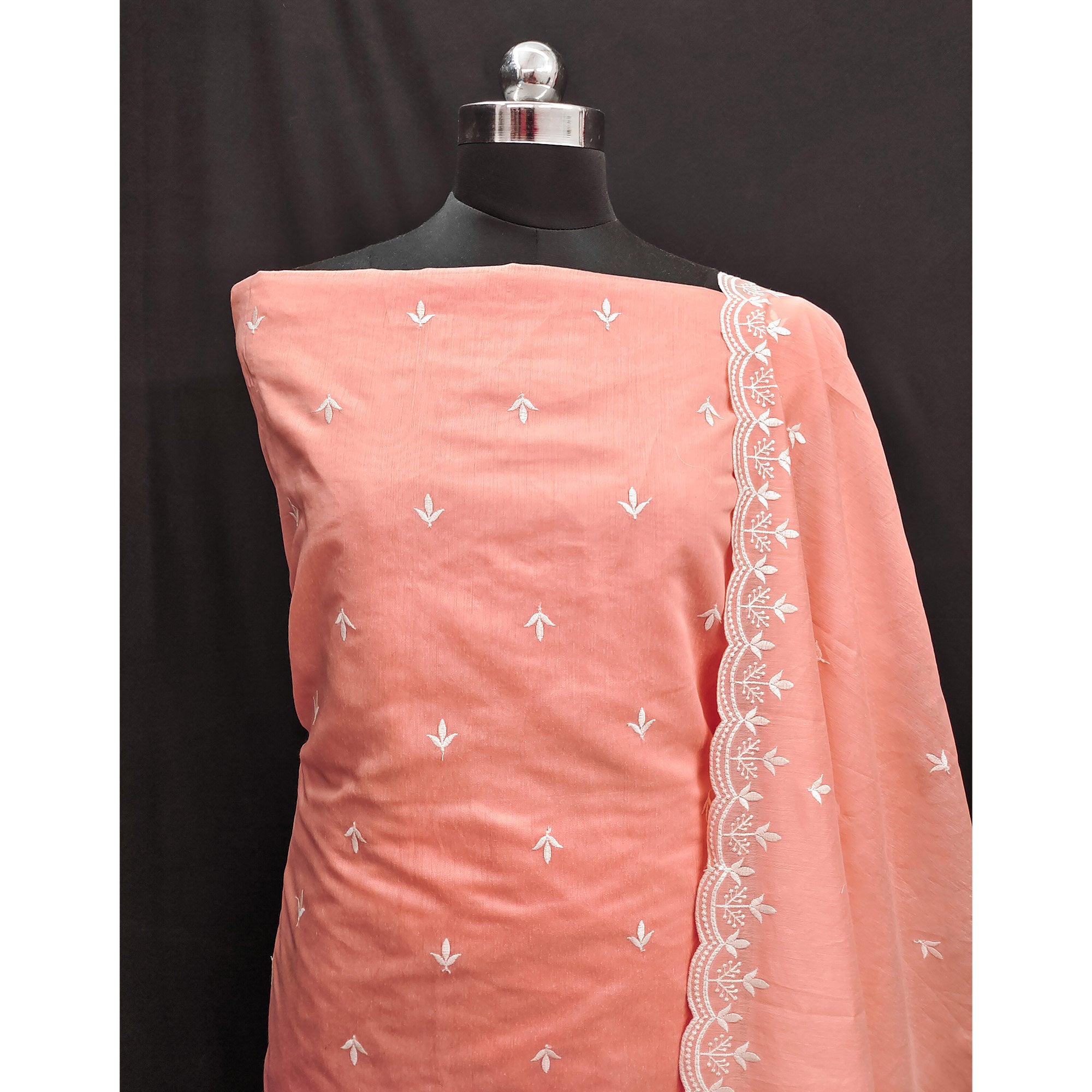 Peach Embroidered Chanderi Dress Material