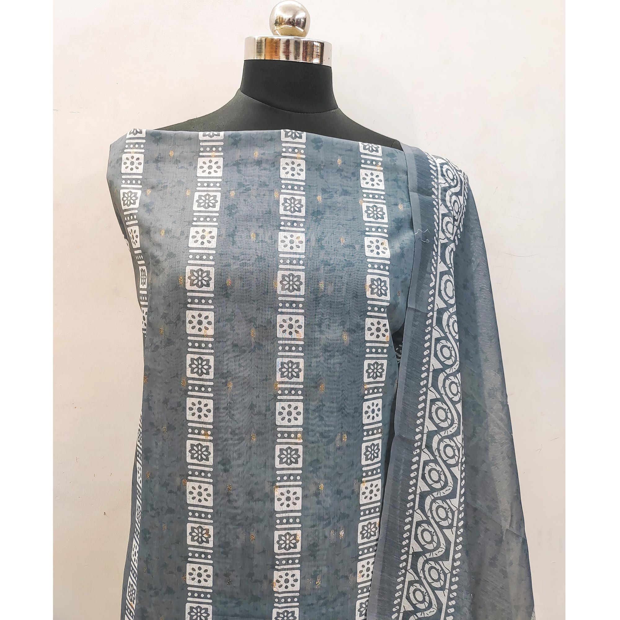 Grey Floral Printed Chanderi Dress Material