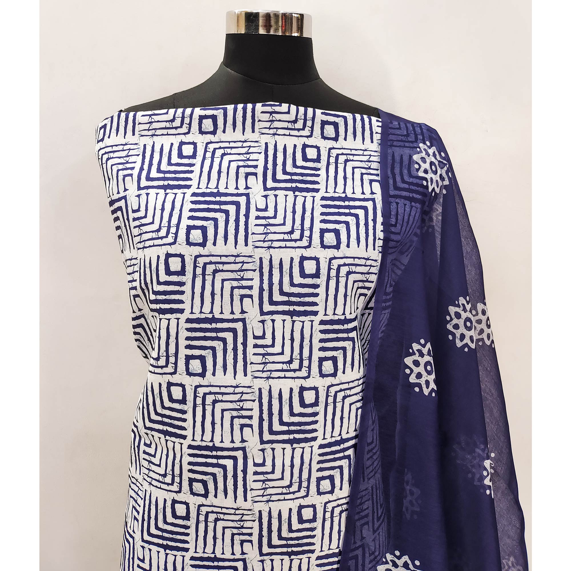 Blue Geometric Printed Pure Cotton Dress Material