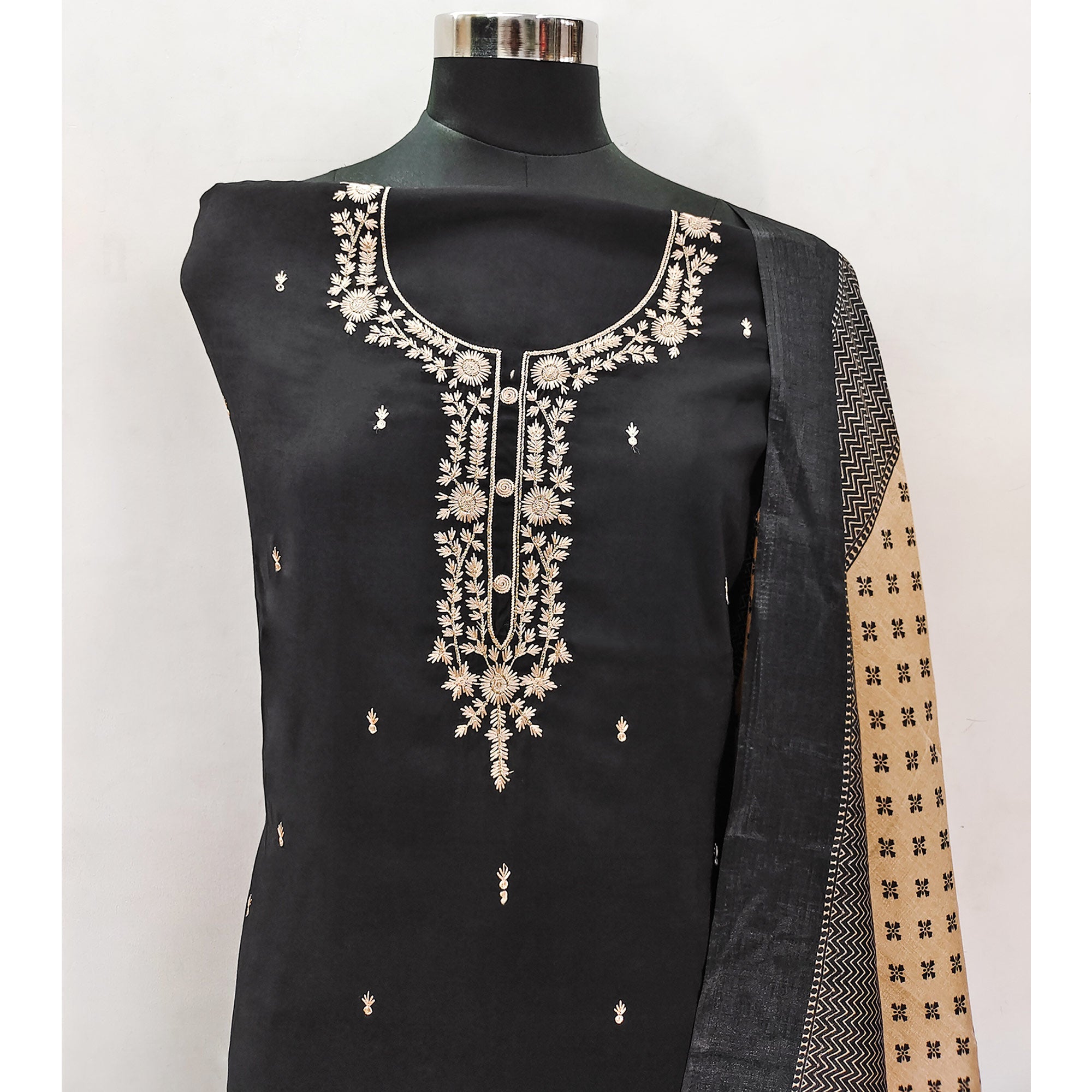 Black Embroidered Viscose Dress Material