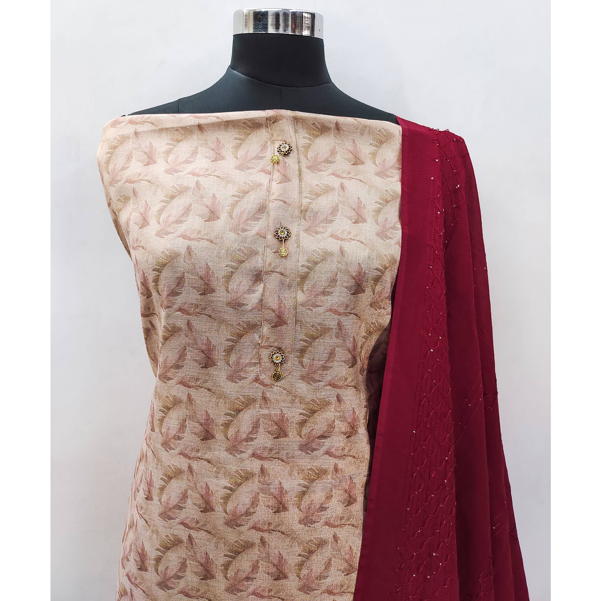 Beige Floral Printed Cotton Silk Dress Material