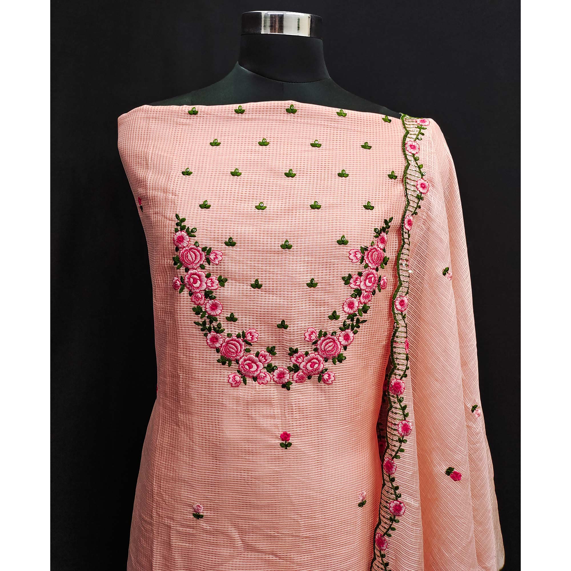 Peach Floral Embroidered Kota Doria Dress Material
