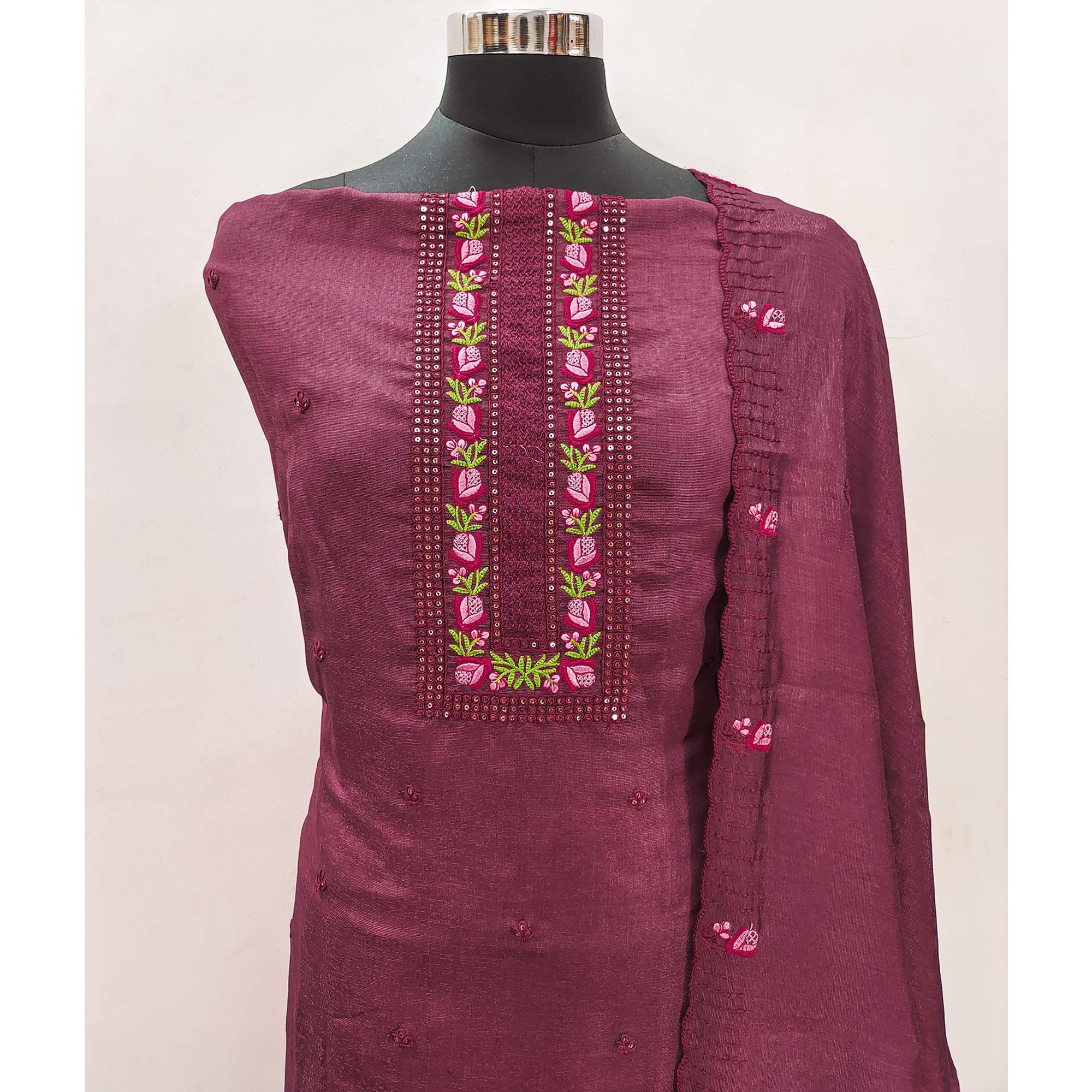 Dark Mauve Embroidered Vichitra Silk Dress Material