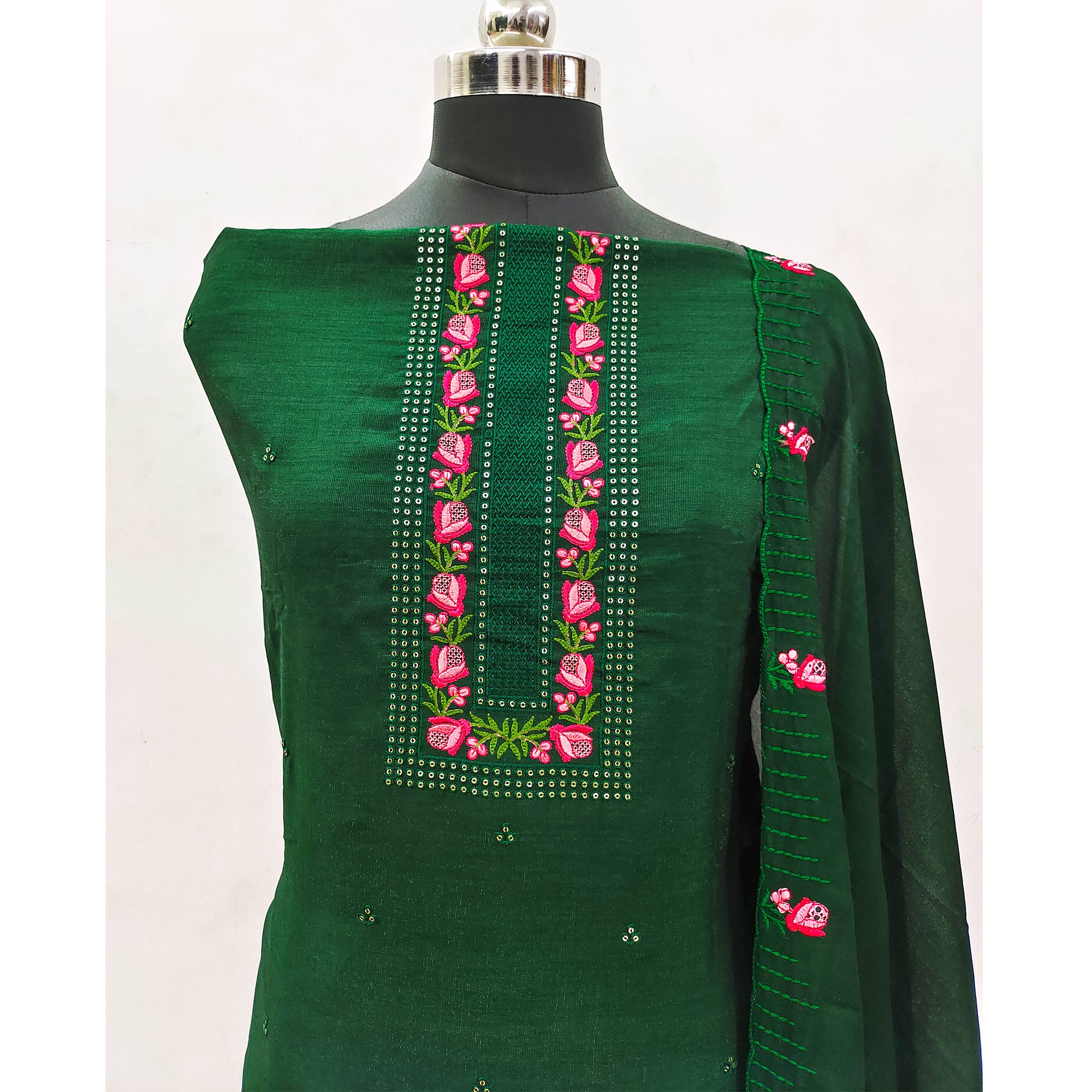 Green Embroidered Vichitra Silk Dress Material