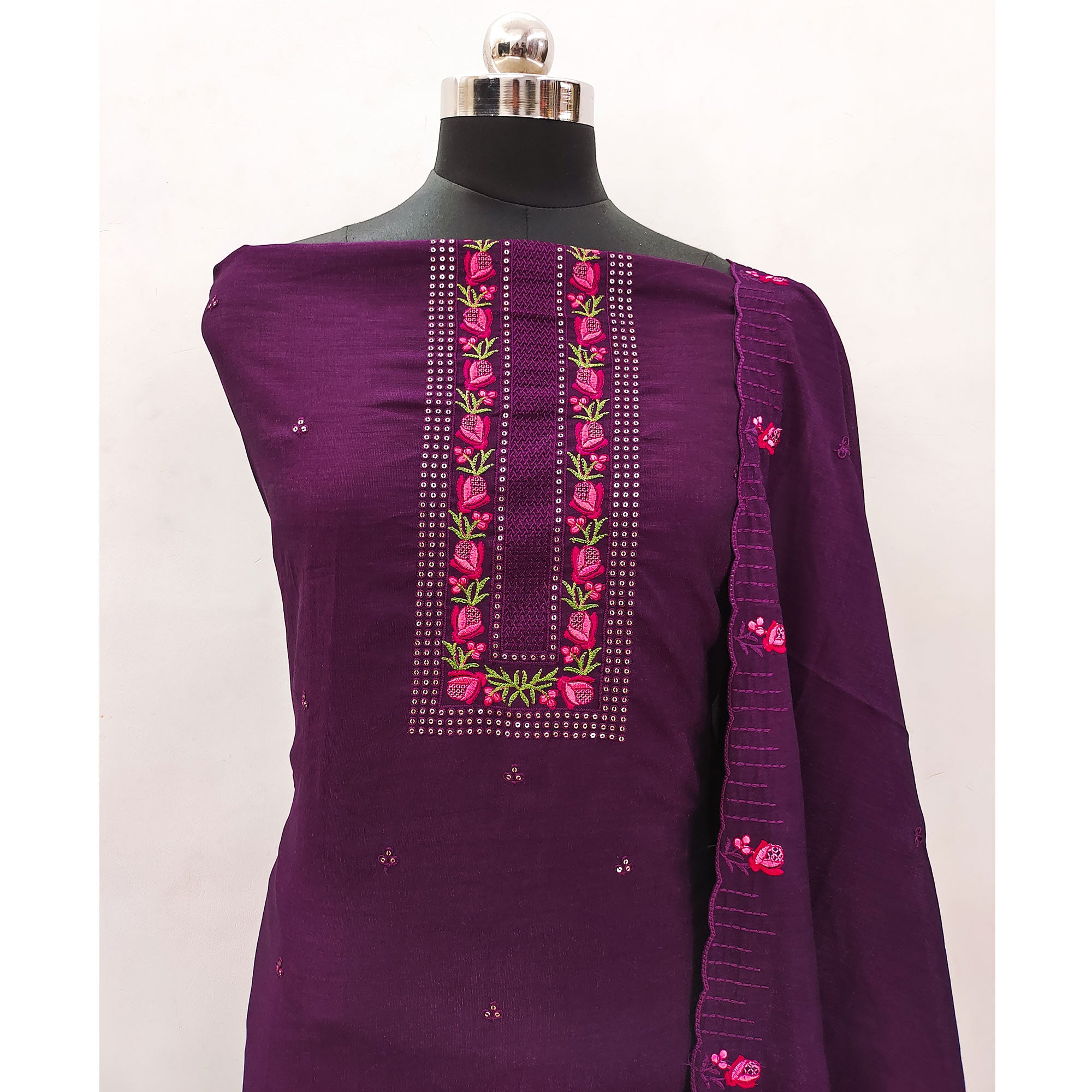 Purple Embroidered Vichitra Silk Dress Material