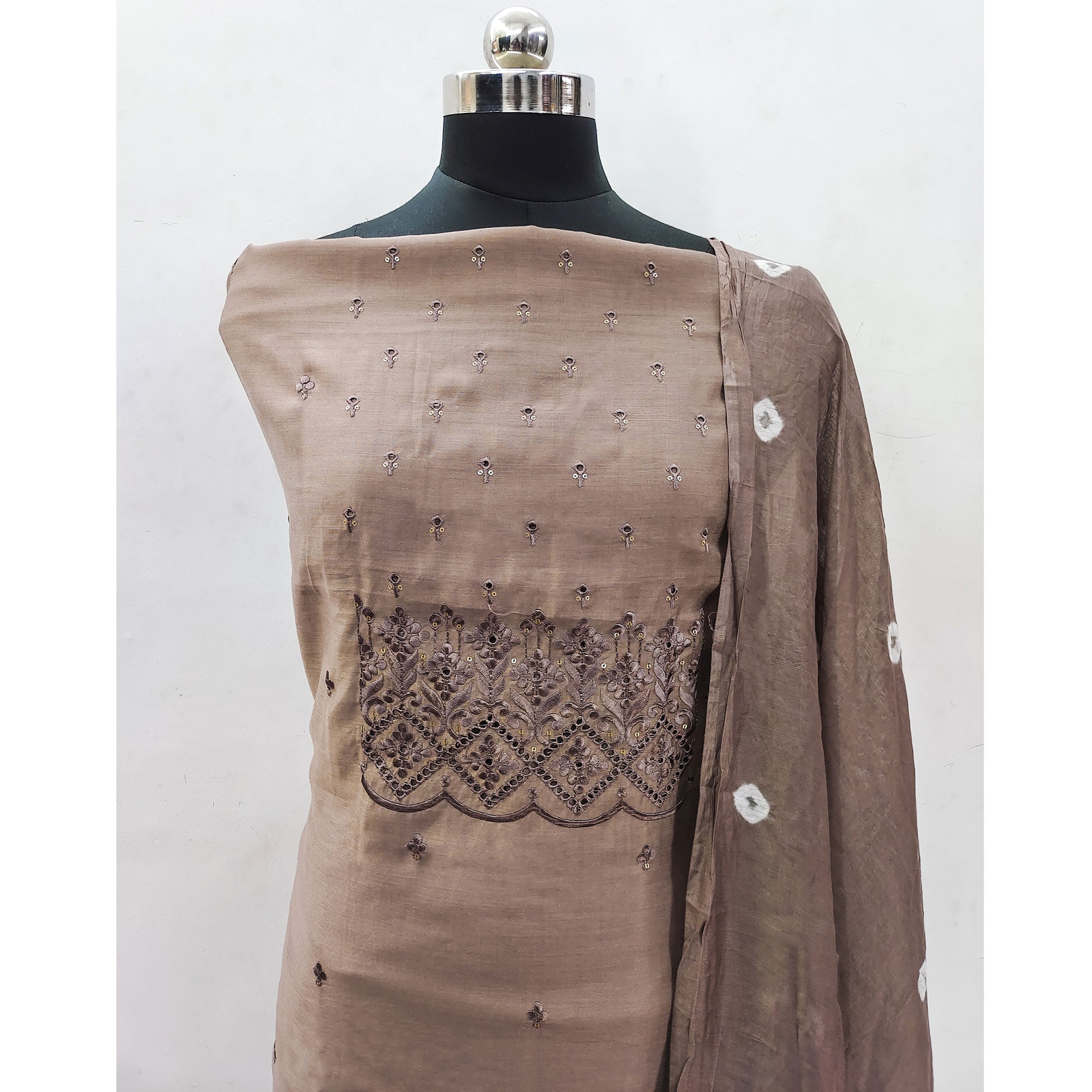 Brown Embroidered Cotton Blend Dress Material