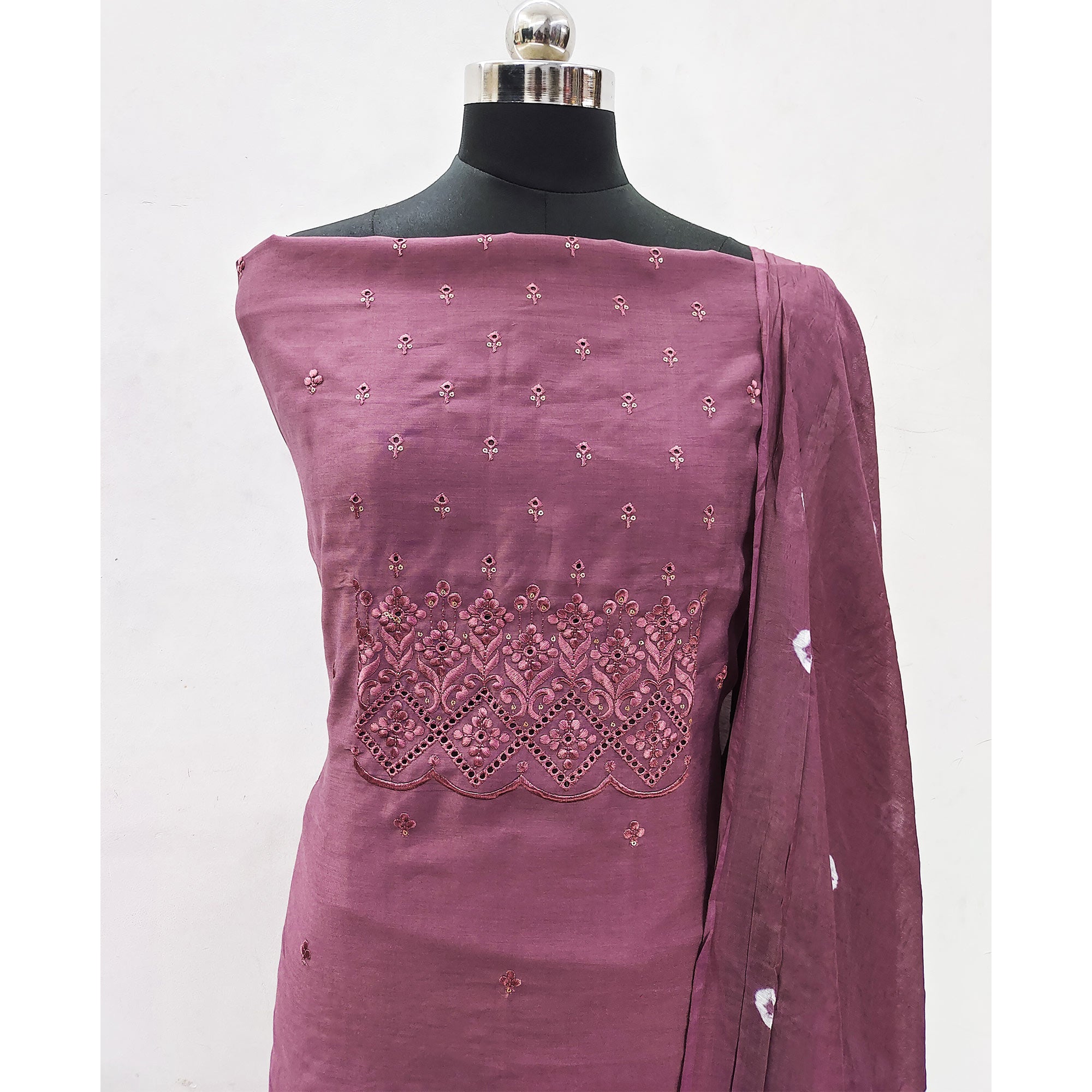 Purple Embroidered Cotton Blend Dress Material