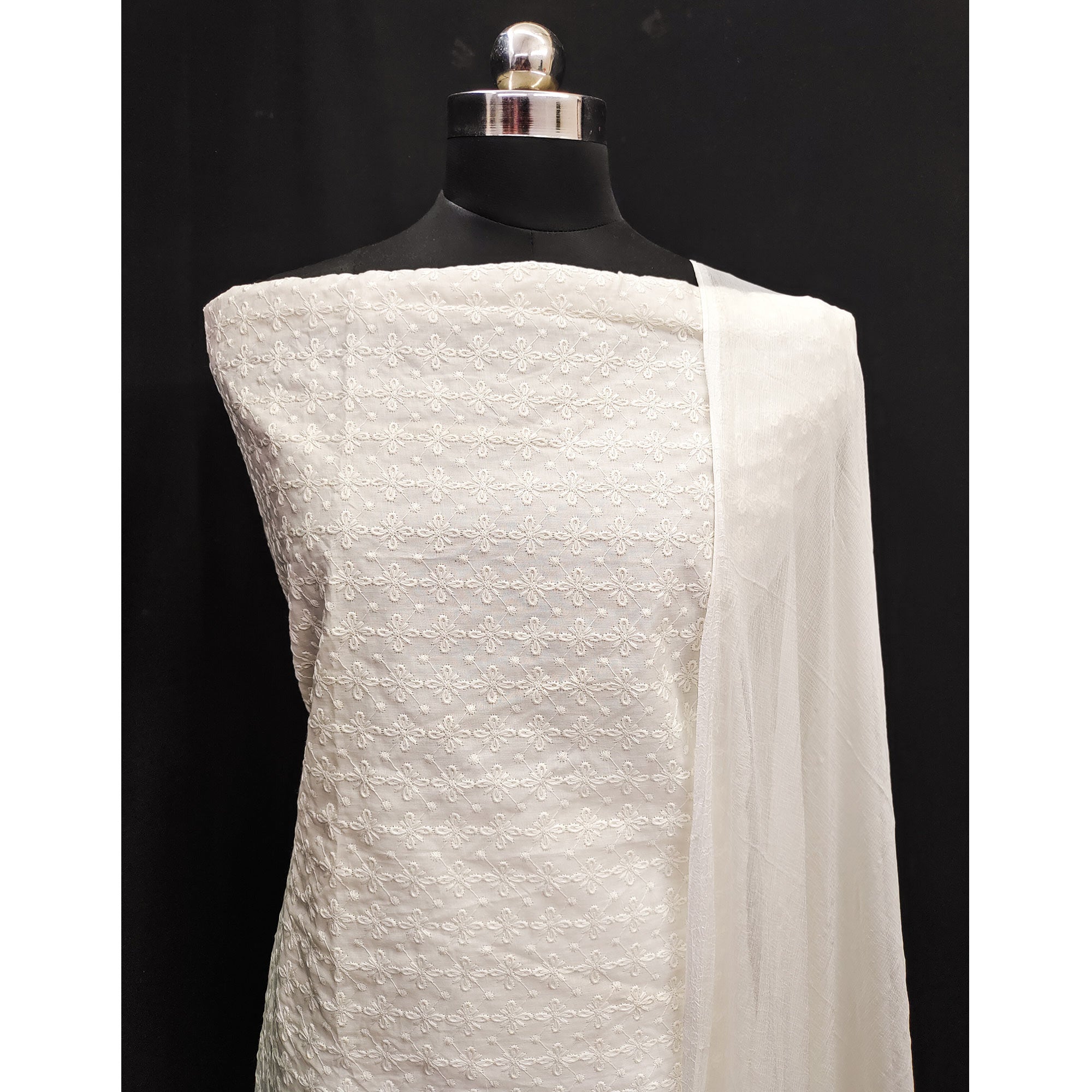 Off White Lucknowi Embroidered Pure Cotton Dress Material