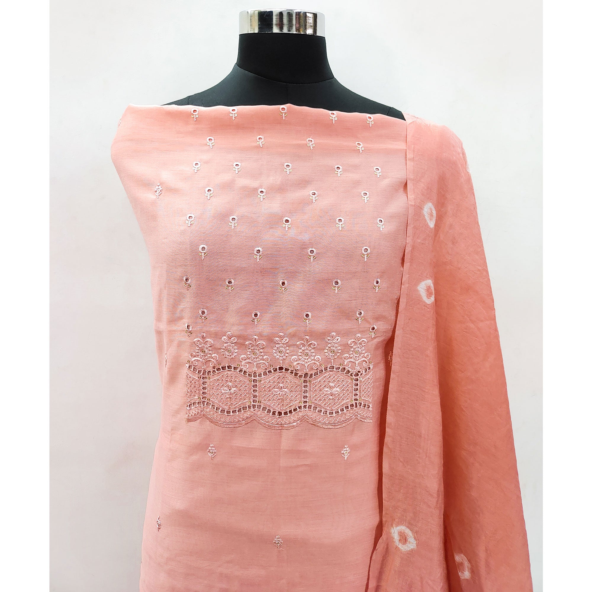 Peach Embroidered Cotton Blend Dress Material