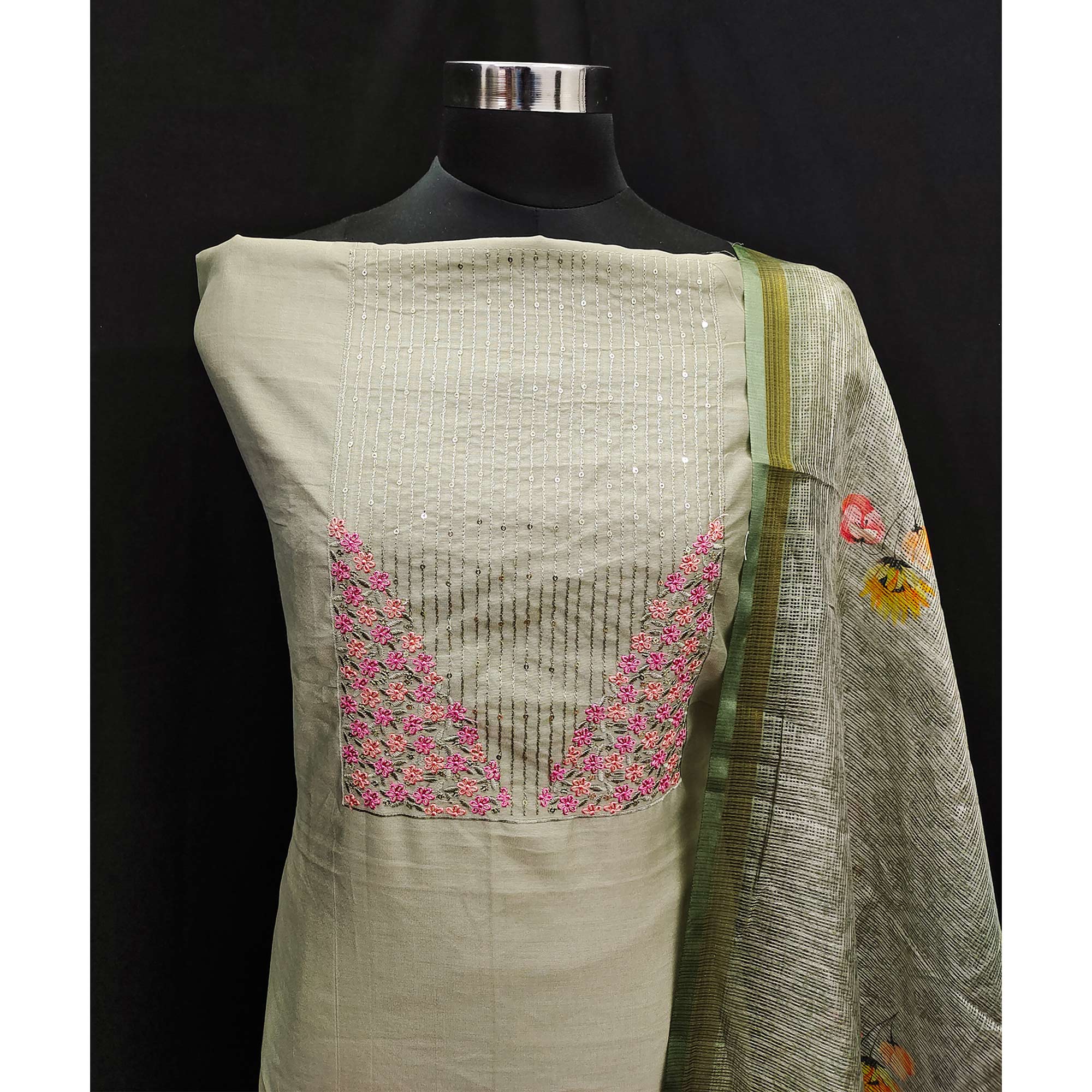 Green Floral Embroidered Pure Cotton Dress Material