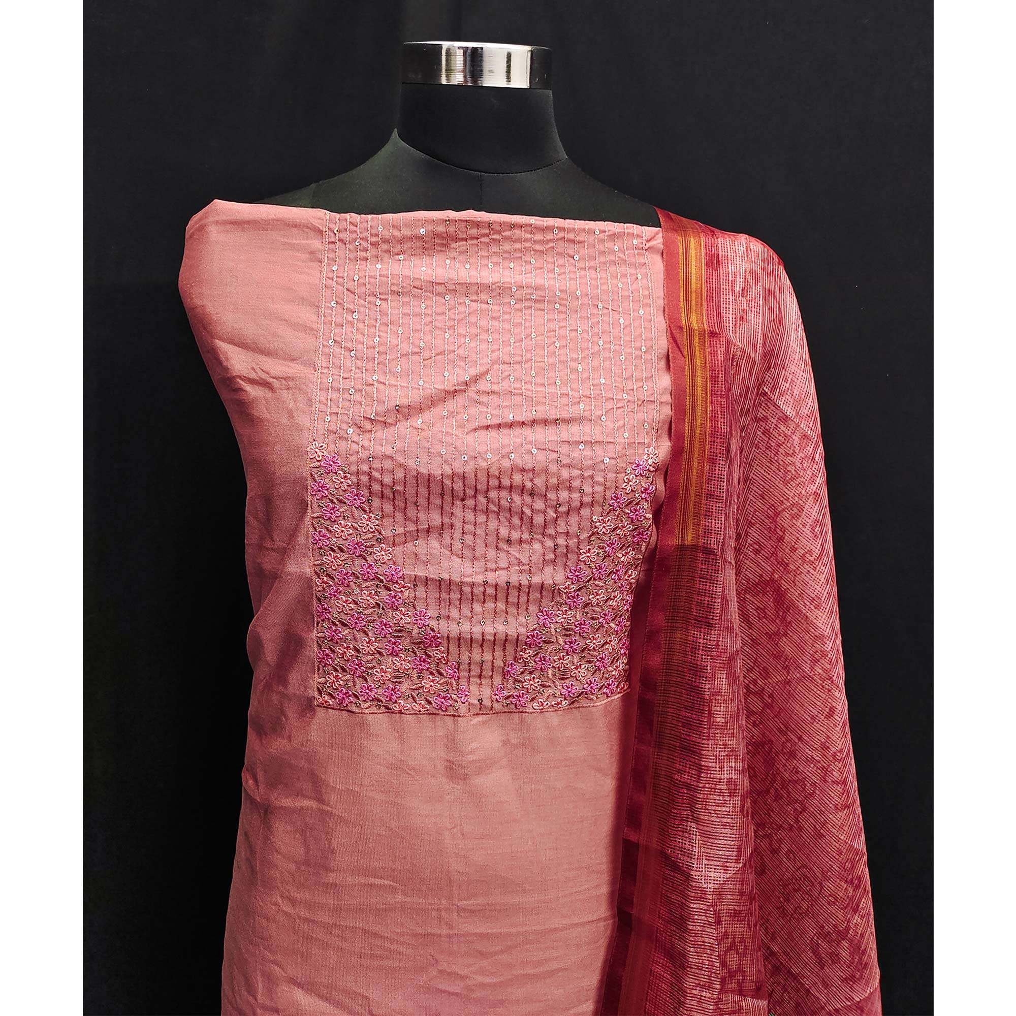 Peach Floral Embroidered Pure Cotton Dress Material