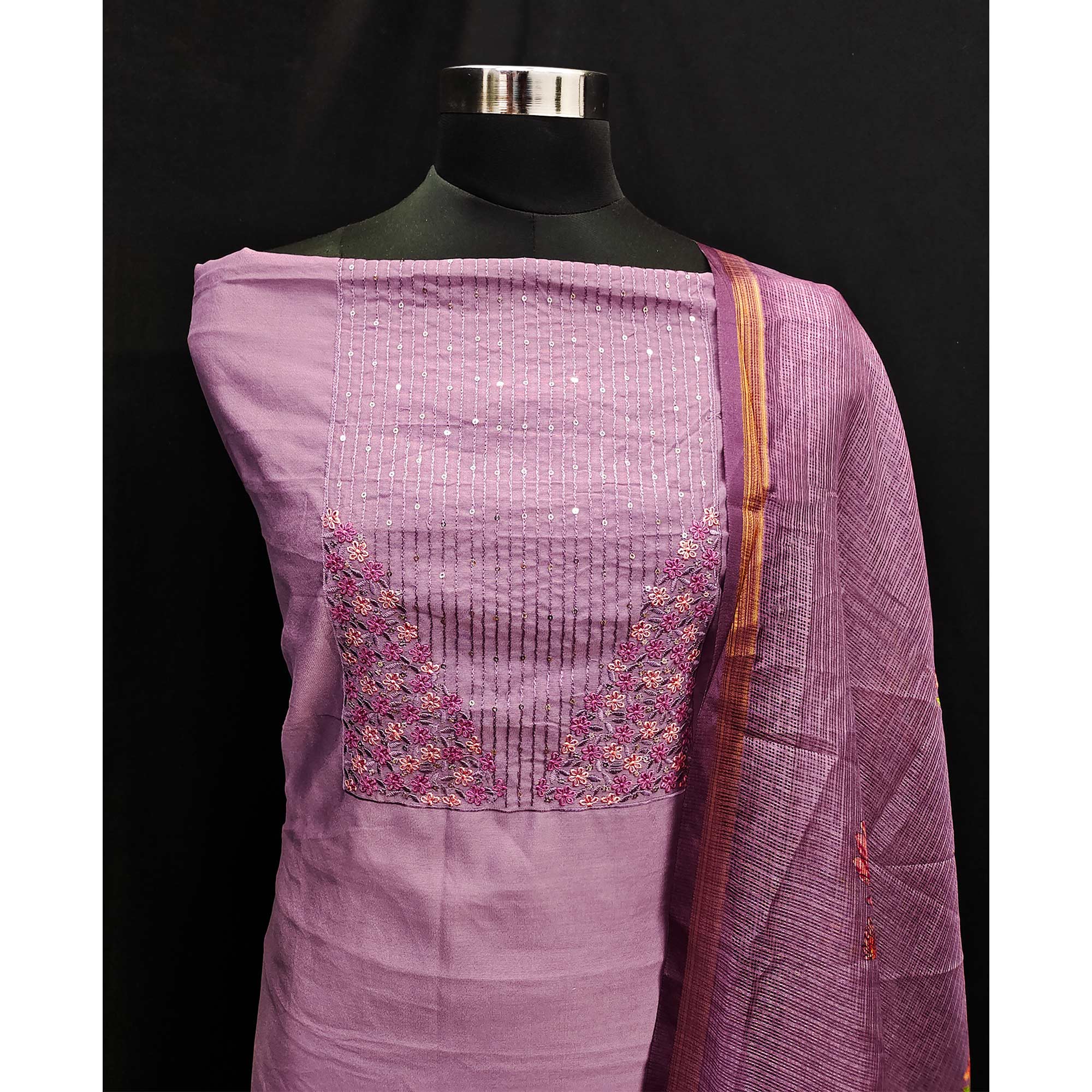 Purple Floral Embroidered Pure Cotton Dress Material