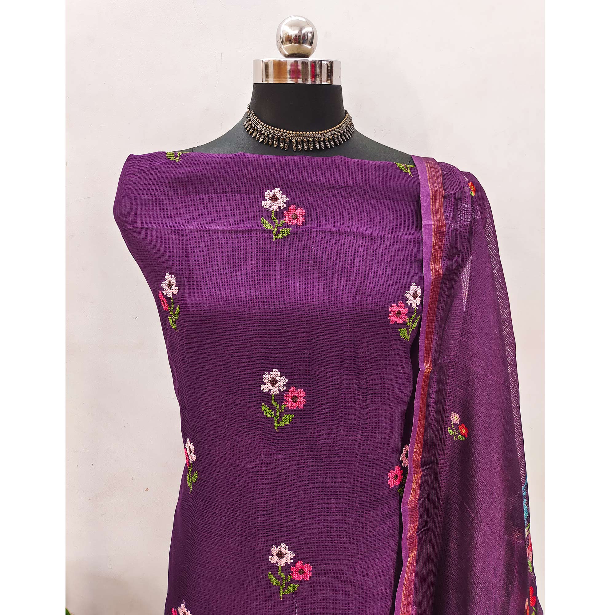 Dark Purple Floral Embroidered Kota Doria Dress Material