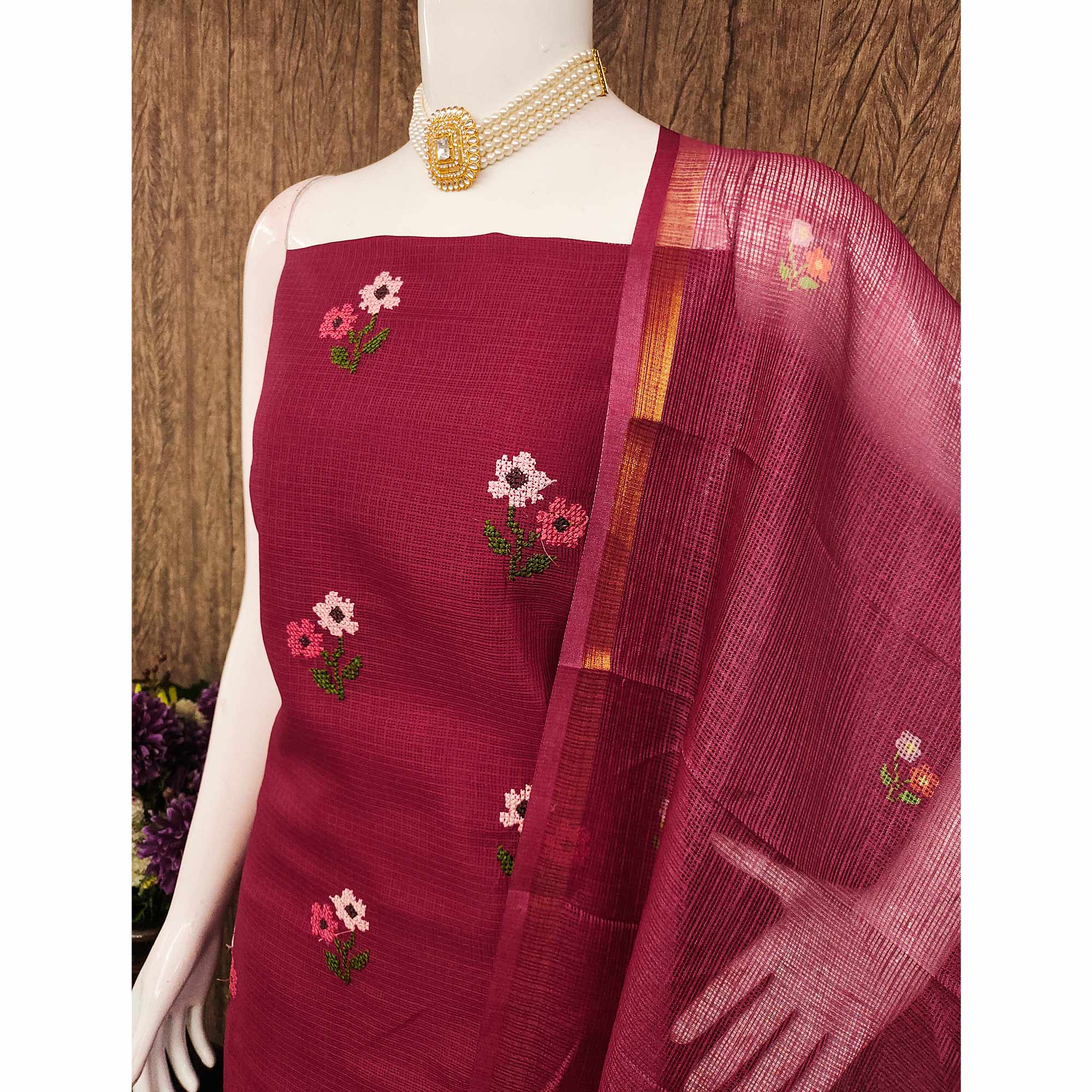 Unstitched Maroon Suit Set in Soft Kota Doria Adorned with Floral Embroidery