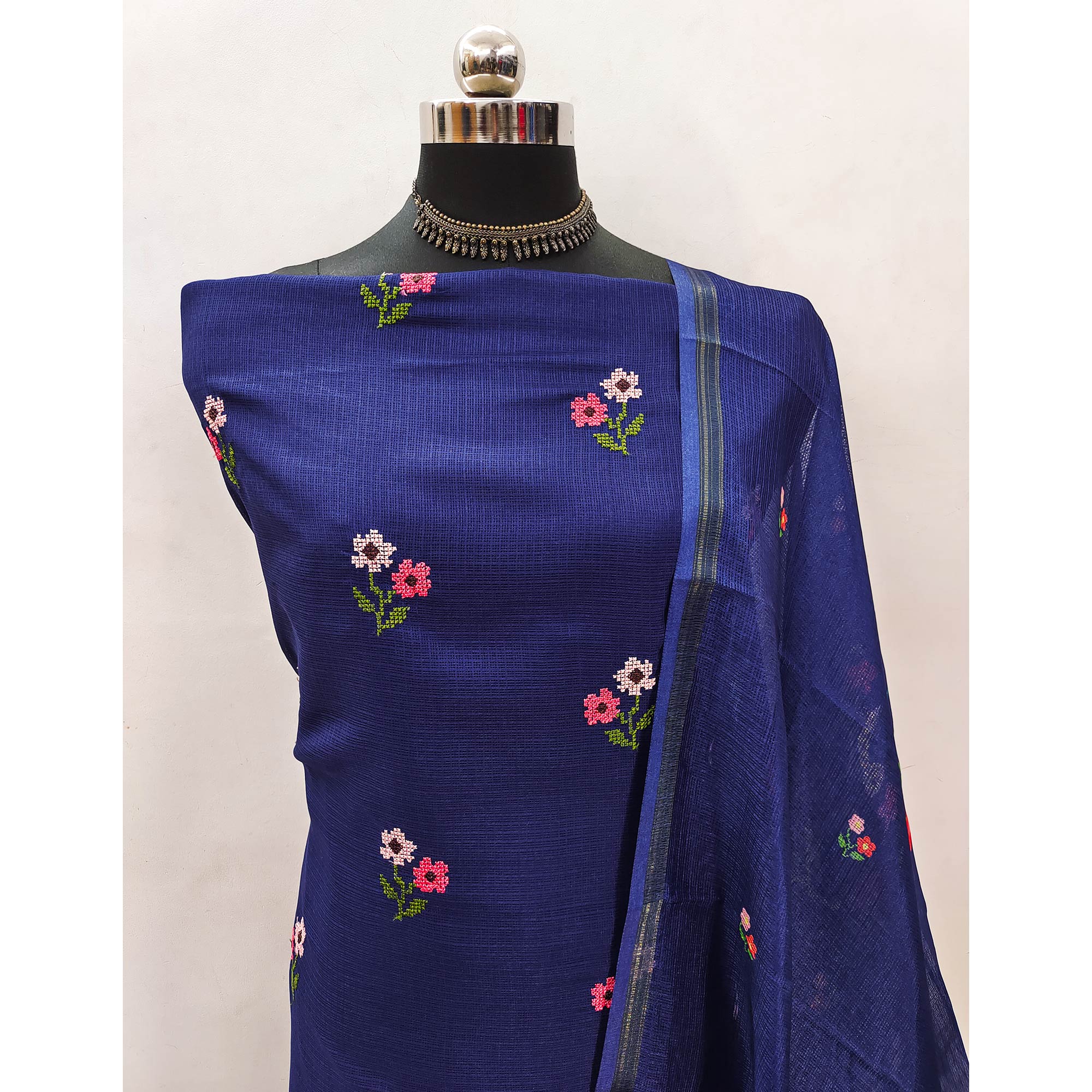 Navy Blue Floral Embroidered Kota Doria Dress Material